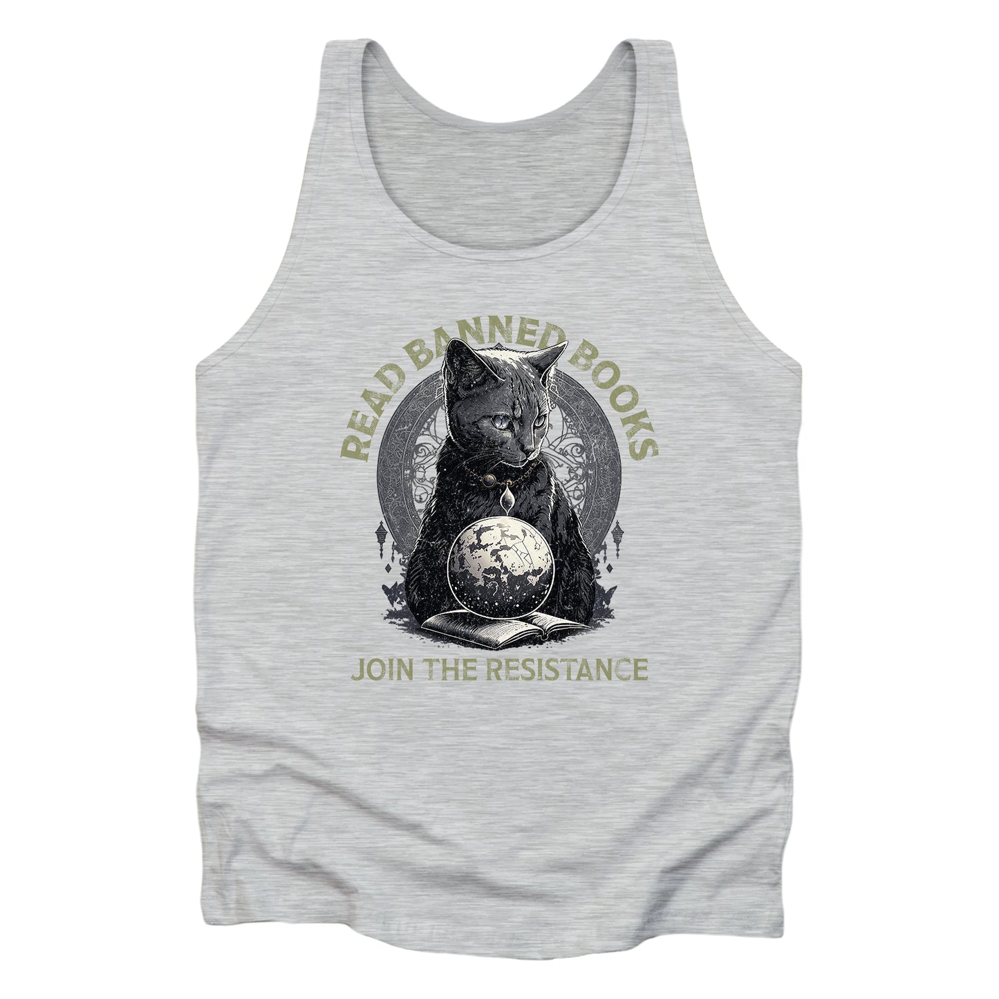 Athletic Heather color unisex tank top with a graphic of a cat sitting over a globe and an open book. The text says “Read banned books” arched over the top of the cat and “Join the resistance” in a line under the graphic. The text is in all caps.