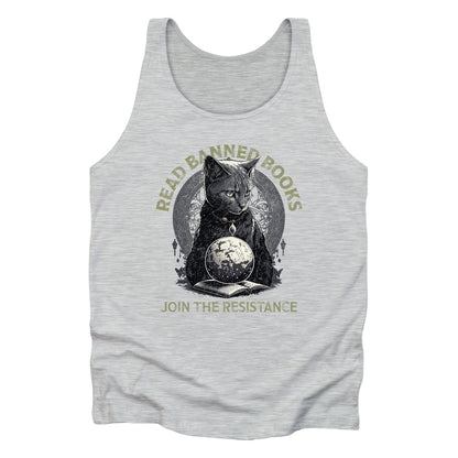 Athletic Heather color unisex tank top with a graphic of a cat sitting over a globe and an open book. The text says “Read banned books” arched over the top of the cat and “Join the resistance” in a line under the graphic. The text is in all caps.