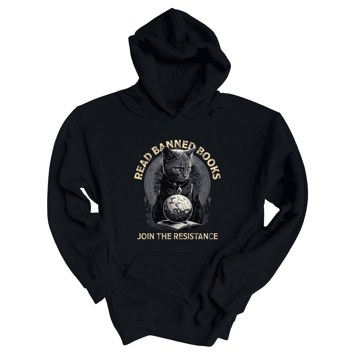 Black unisex hoodie with a graphic of a cat sitting over a globe and an open book. The text says “Read banned books” arched over the top of the cat and “Join the resistance” in a line under the graphic. The text is in all caps.