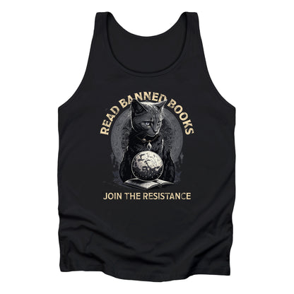 Black unisex tank top with a graphic of a cat sitting over a globe and an open book. The text says “Read banned books” arched over the top of the cat and “Join the resistance” in a line under the graphic. The text is in all caps.