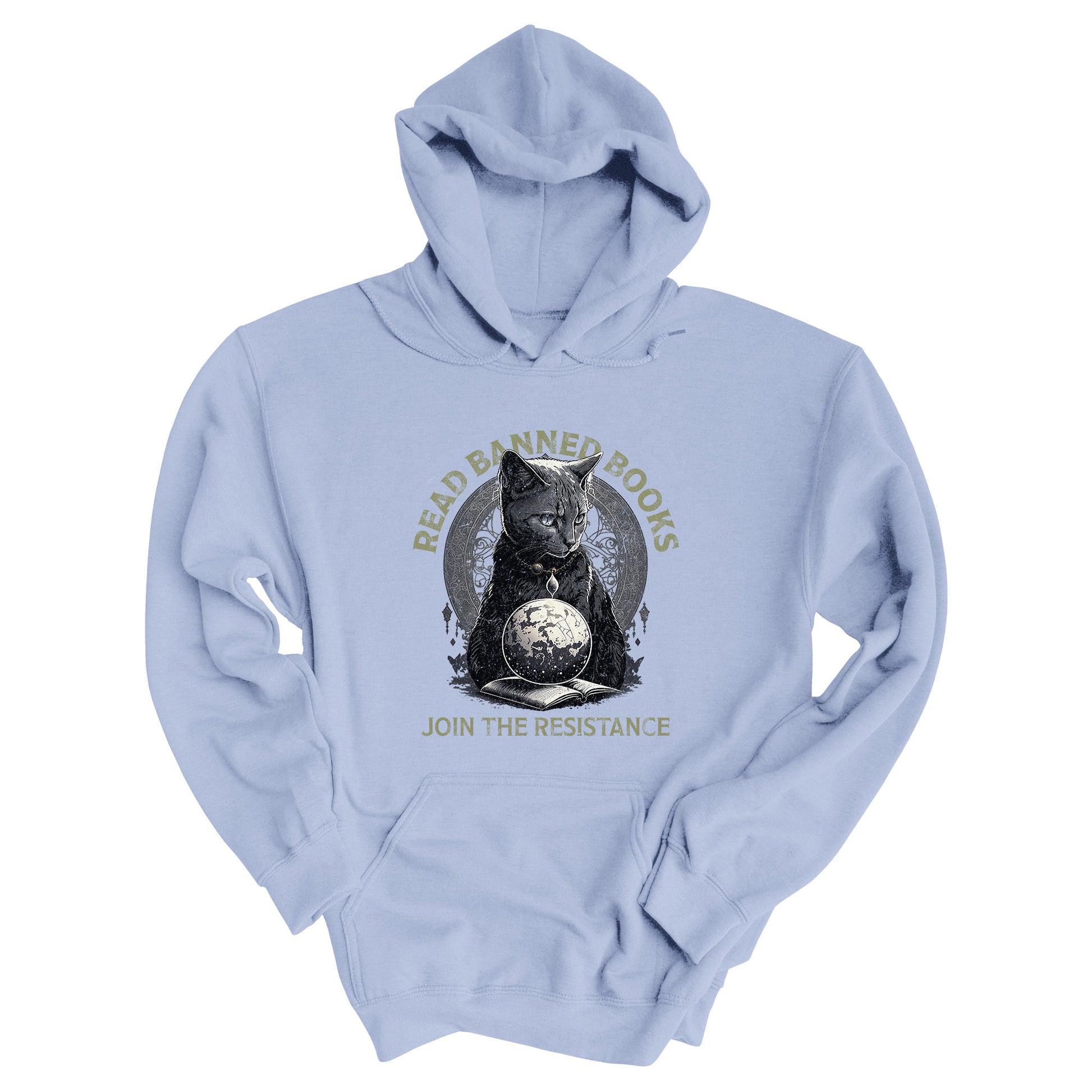 Light Blue unisex hoodie with a graphic of a cat sitting over a globe and an open book. The text says “Read banned books” arched over the top of the cat and “Join the resistance” in a line under the graphic. The text is in all caps.