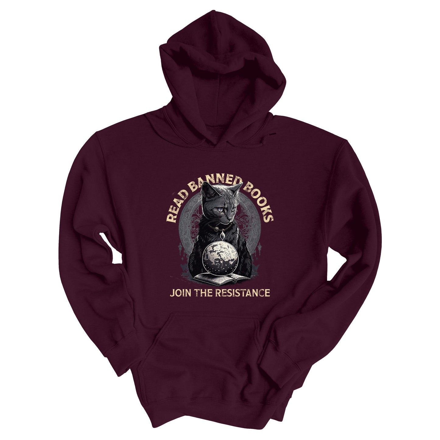 Maroon unisex hoodie with a graphic of a cat sitting over a globe and an open book. The text says “Read banned books” arched over the top of the cat and “Join the resistance” in a line under the graphic. The text is in all caps.