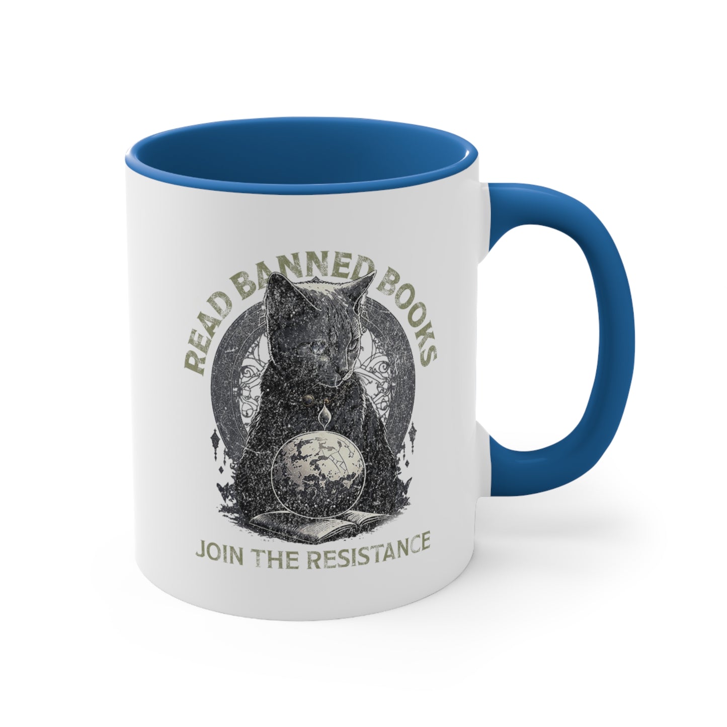 11oz ceramic mug with a blue interior and handle with a graphic of a cat sitting over a globe and an open book. The text says “Read banned books” arched over the top of the cat and “Join the resistance” in a line under the graphic. The text is in all caps.