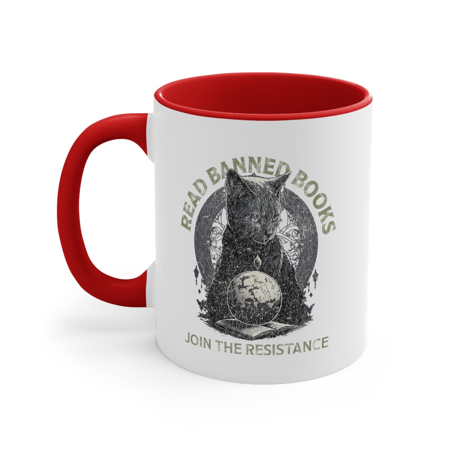 11oz ceramic mug with a red interior and handle with a graphic of a cat sitting over a globe and an open book. The text says “Read banned books” arched over the top of the cat and “Join the resistance” in a line under the graphic. The text is in all caps.