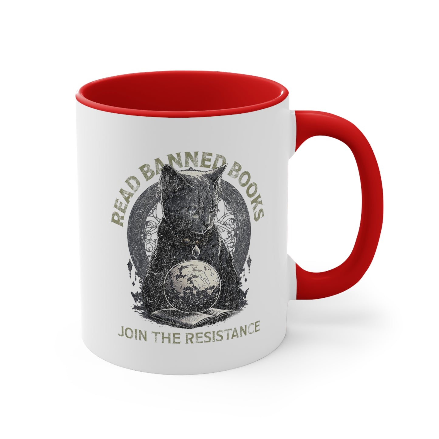 11oz ceramic mug with a red interior and handle with a graphic of a cat sitting over a globe and an open book. The text says “Read banned books” arched over the top of the cat and “Join the resistance” in a line under the graphic. The text is in all caps.