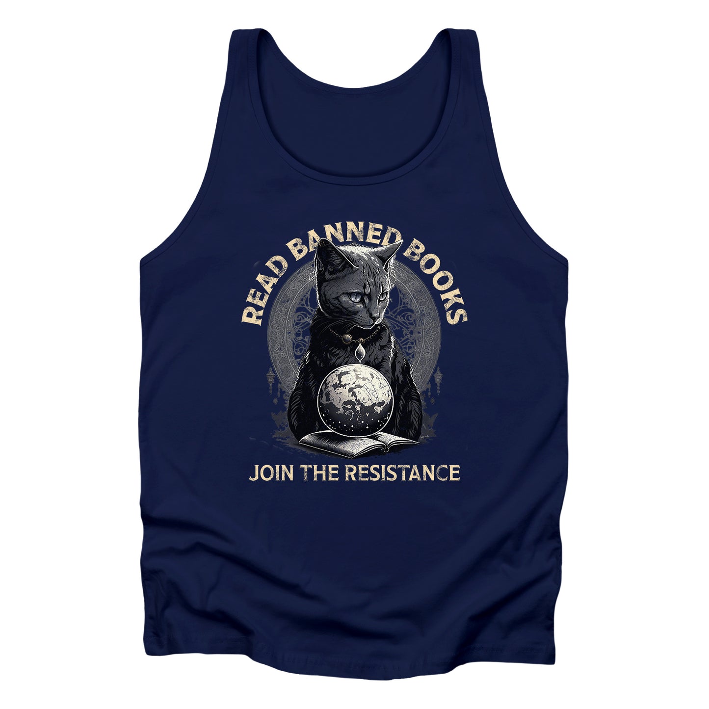 Navy Blue unisex tank top with a graphic of a cat sitting over a globe and an open book. The text says “Read banned books” arched over the top of the cat and “Join the resistance” in a line under the graphic. The text is in all caps.