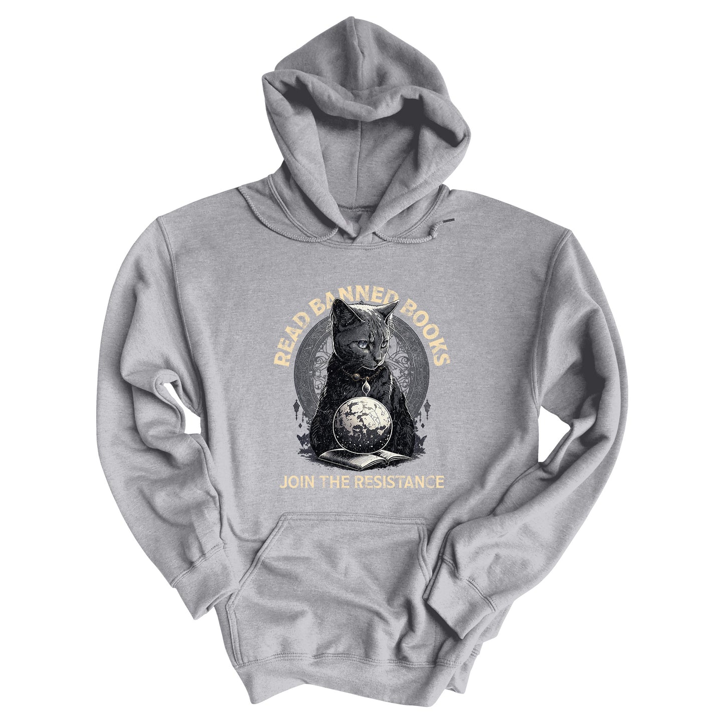 Sport Grey color unisex hoodie with a graphic of a cat sitting over a globe and an open book. The text says “Read banned books” arched over the top of the cat and “Join the resistance” in a line under the graphic. The text is in all caps. 