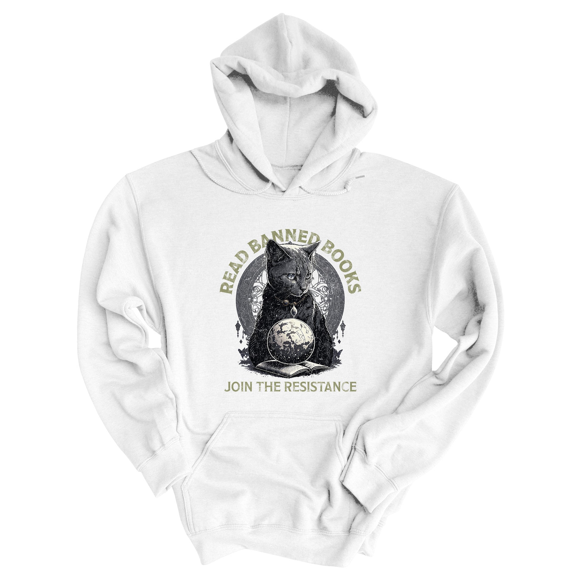 White unisex hoodie with a graphic of a cat sitting over a globe and an open book. The text says “Read banned books” arched over the top of the cat and “Join the resistance” in a line under the graphic. The text is in all caps.