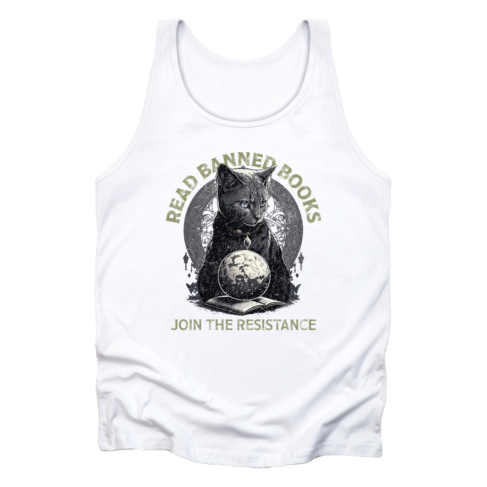 White unisex tank top with a graphic of a cat sitting over a globe and an open book. The text says “Read banned books” arched over the top of the cat and “Join the resistance” in a line under the graphic. The text is in all caps.