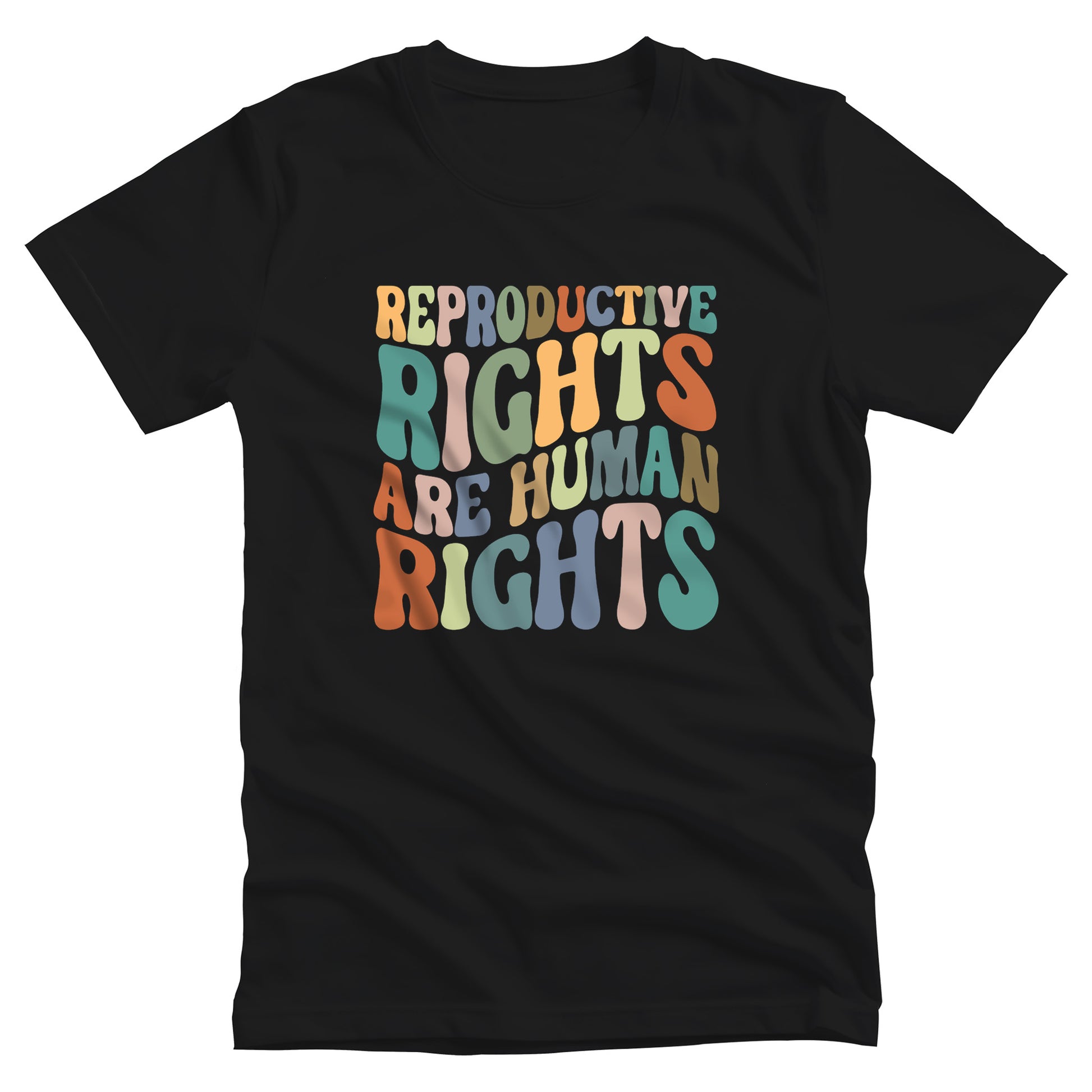 Black unisex t-shirt that says, “REPRODUCTIVE RIGHTS ARE HUMAN RIGHTS” in a retro font in a wavy shape. Each letter is a different color, and all the colors are vintage.