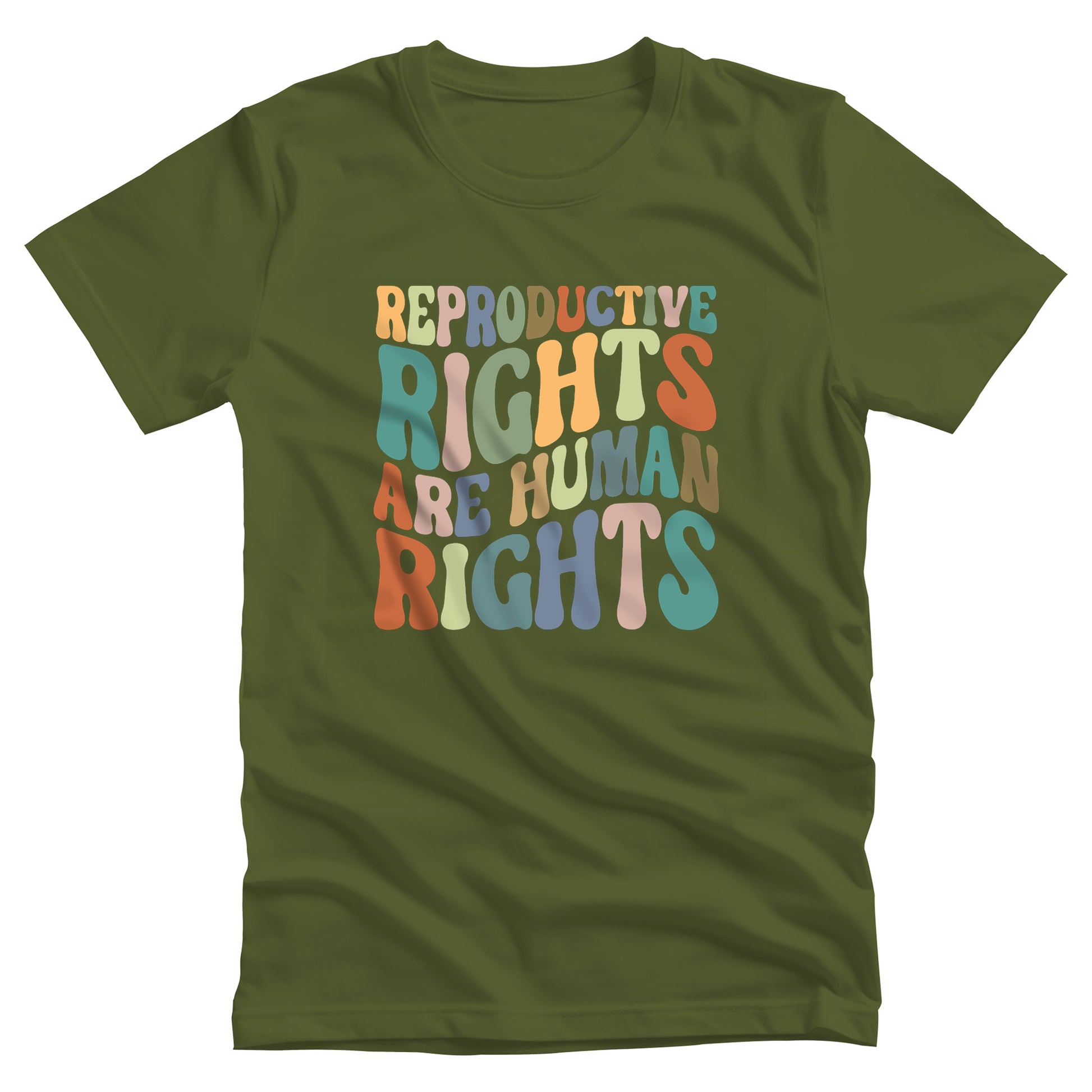 Olive color unisex t-shirt that says, “REPRODUCTIVE RIGHTS ARE HUMAN RIGHTS” in a retro font in a wavy shape. Each letter is a different color, and all the colors are vintage.