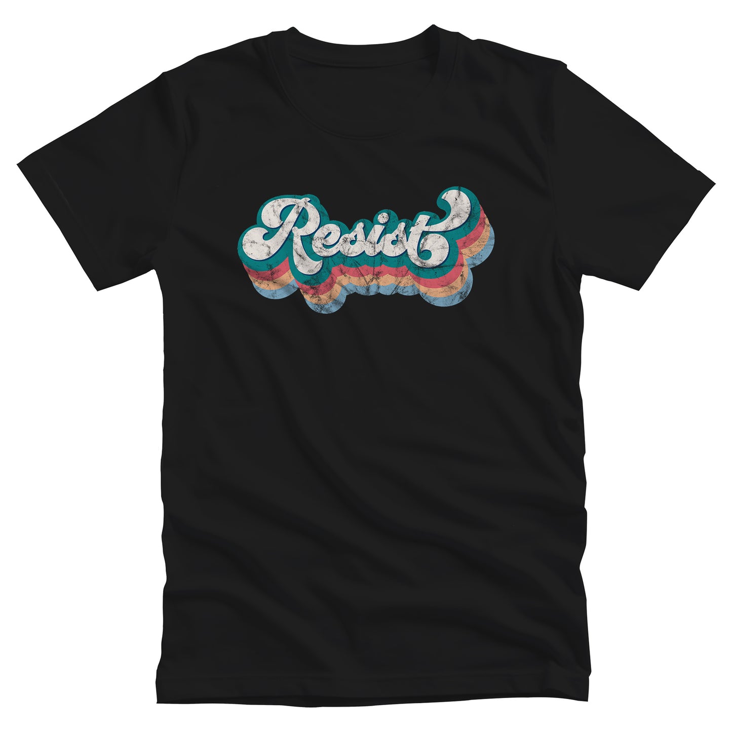 Black color unisex t-shirt that says, “Resist” in a script font and is thickly outlined with four colors that have been shifted downward to give it a retro feel.  The colors are blue-green, dark pink, beige, and light blue.