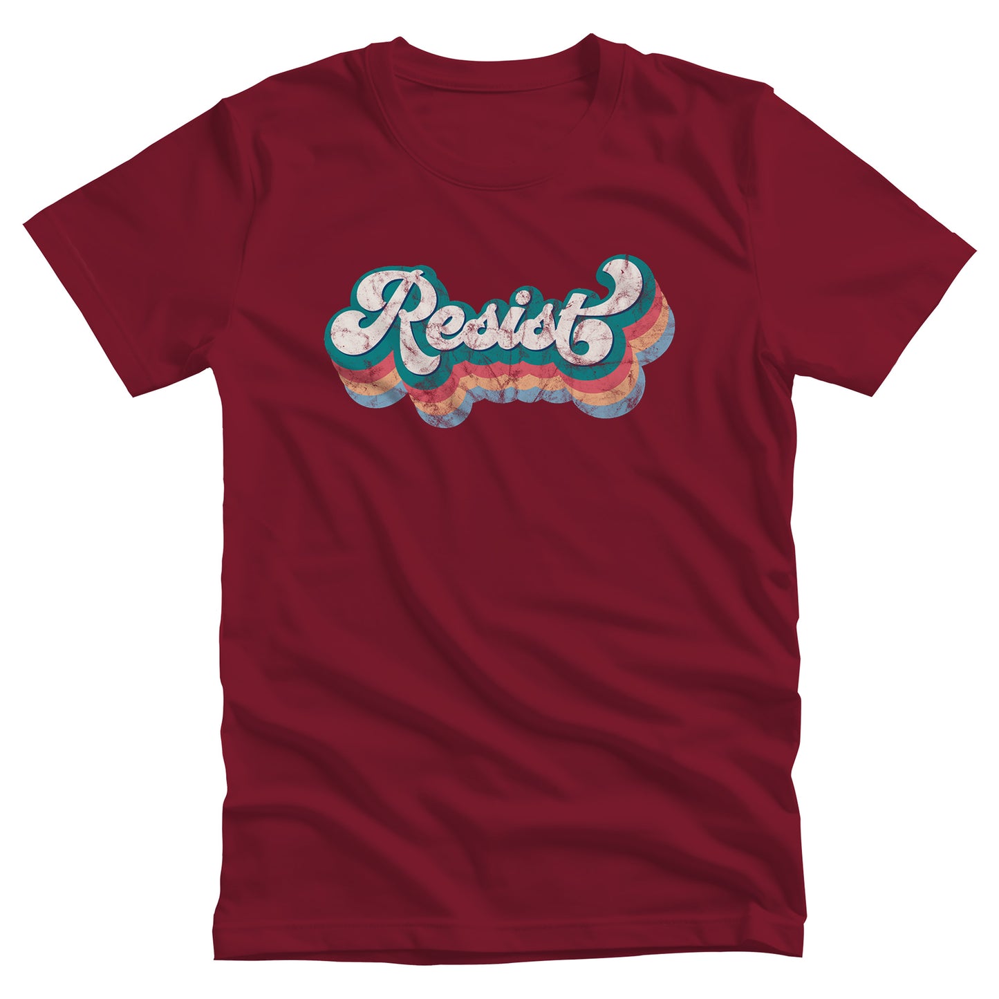 Cardinal color unisex t-shirt that says, “Resist” in a script font and is thickly outlined with four colors that have been shifted downward to give it a retro feel.  The colors are blue-green, dark pink, beige, and light blue.