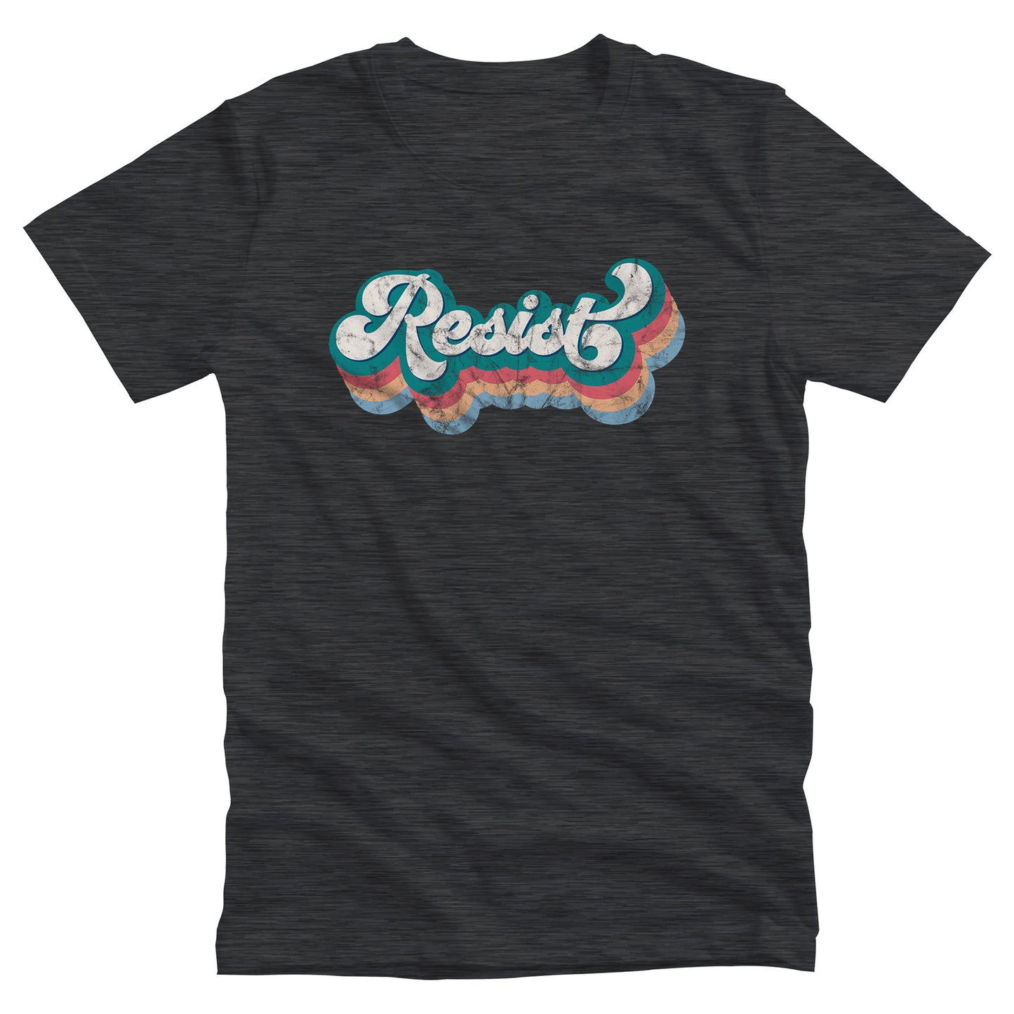 Dark Grey Heather color unisex t-shirt that says, “Resist” in a script font and is thickly outlined with four colors that have been shifted downward to give it a retro feel.  The colors are blue-green, dark pink, beige, and light blue.