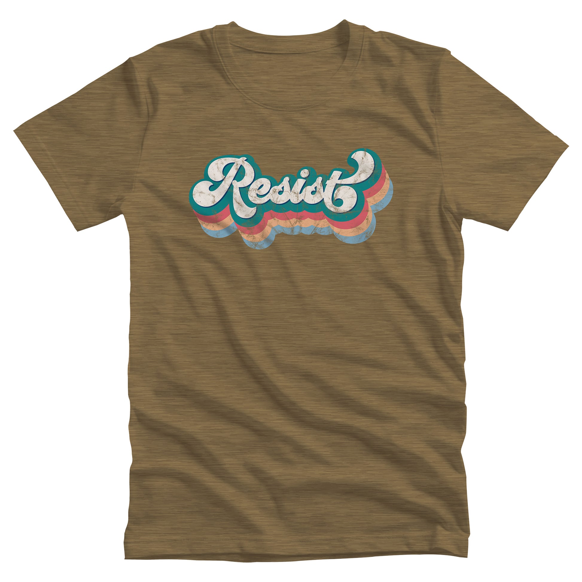 Heather Olive color unisex t-shirt that says, “Resist” in a script font and is thickly outlined with four colors that have been shifted downward to give it a retro feel.  The colors are blue-green, dark pink, beige, and light blue.