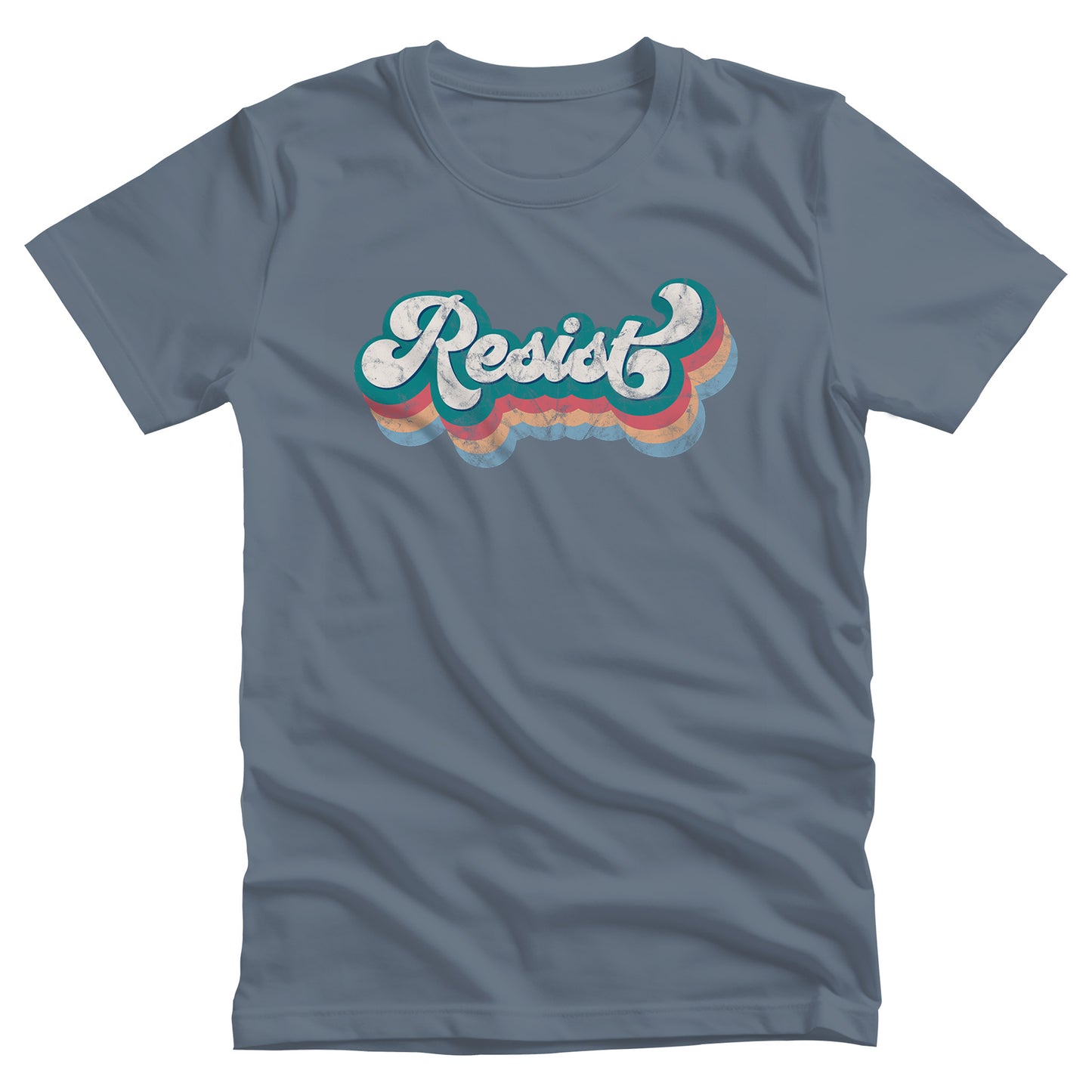 Steel Blue color unisex t-shirt that says, “Resist” in a script font and is thickly outlined with four colors that have been shifted downward to give it a retro feel.  The colors are blue-green, dark pink, beige, and light blue.