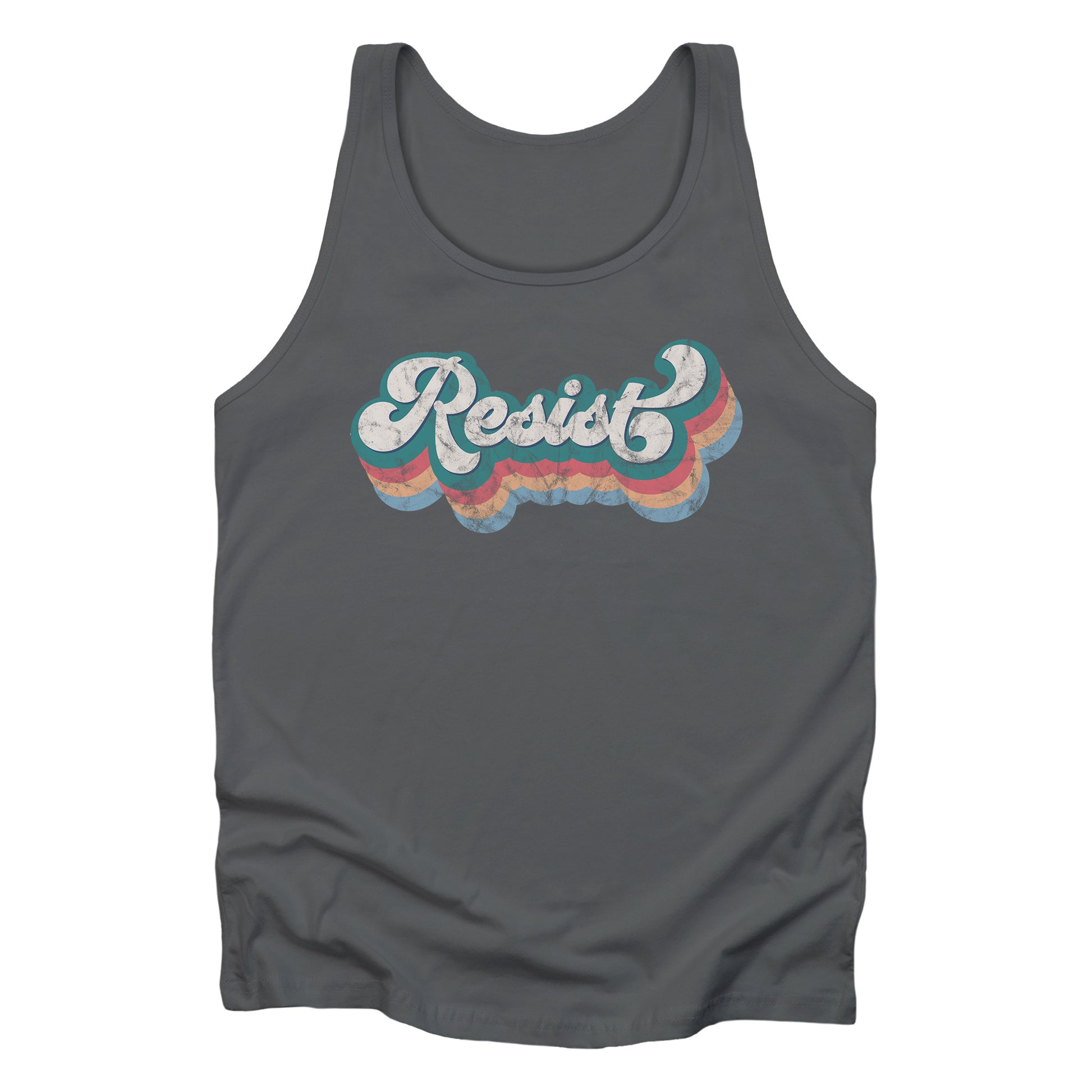 Asphalt color unisex tank top with a retro-inspired, distressed graphic that says “resist” in a script font. There are bands of colors underneath the word that follow the word’s shape in orange-red, yellow-orange, and light blue.