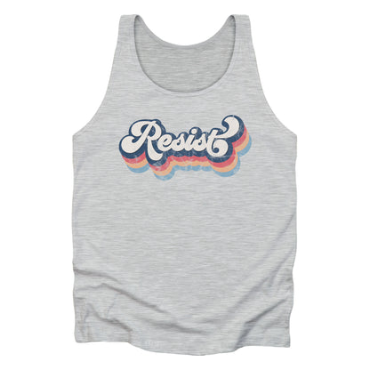 Athletic Heather color unisex tank top with a retro-inspired, distressed graphic that says “resist” in a script font. There are bands of colors underneath the word that follow the word’s shape in orange-red, yellow-orange, and light blue.