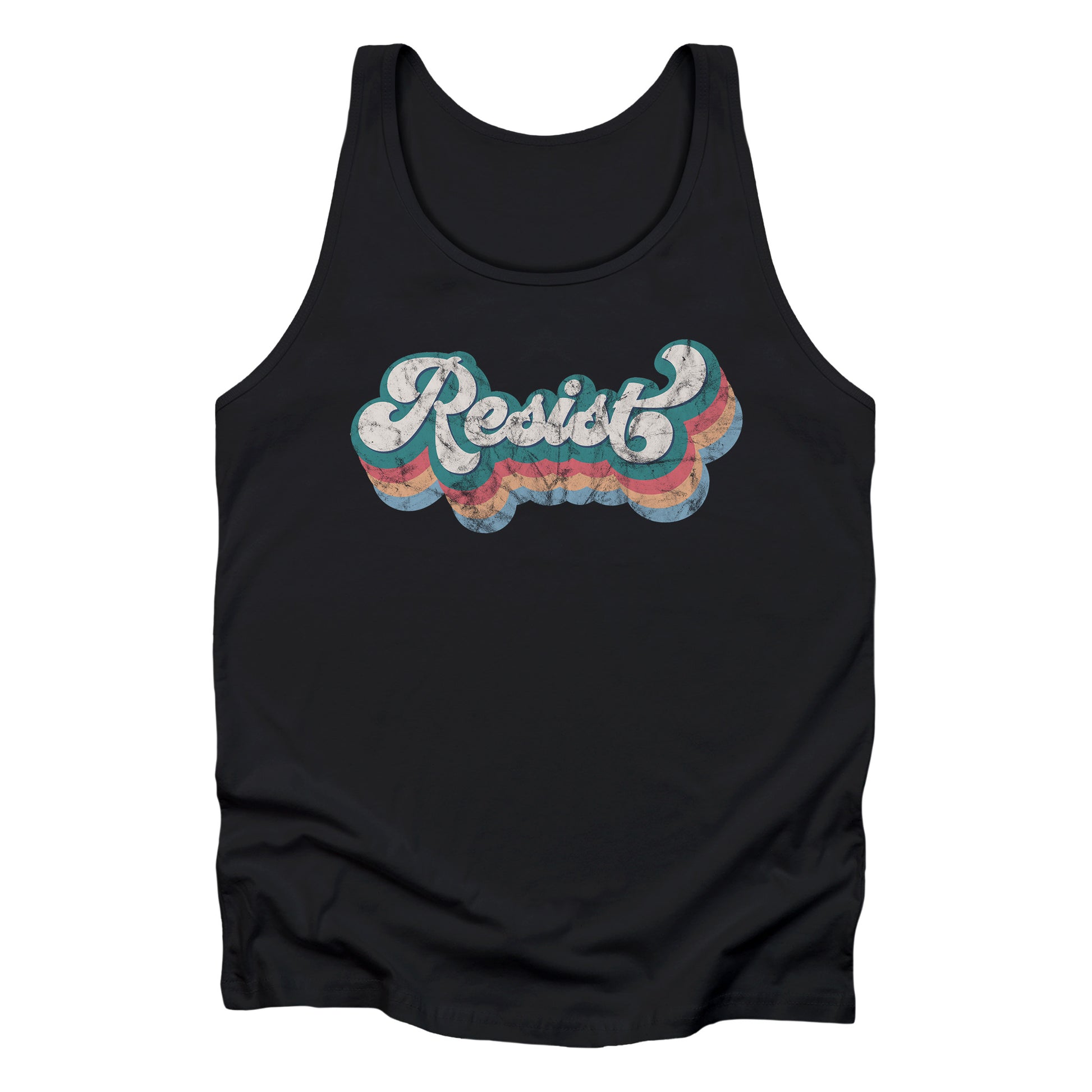 Black unisex tank top with a retro-inspired, distressed graphic that says “resist” in a script font. There are bands of colors underneath the word that follow the word’s shape in orange-red, yellow-orange, and light blue.