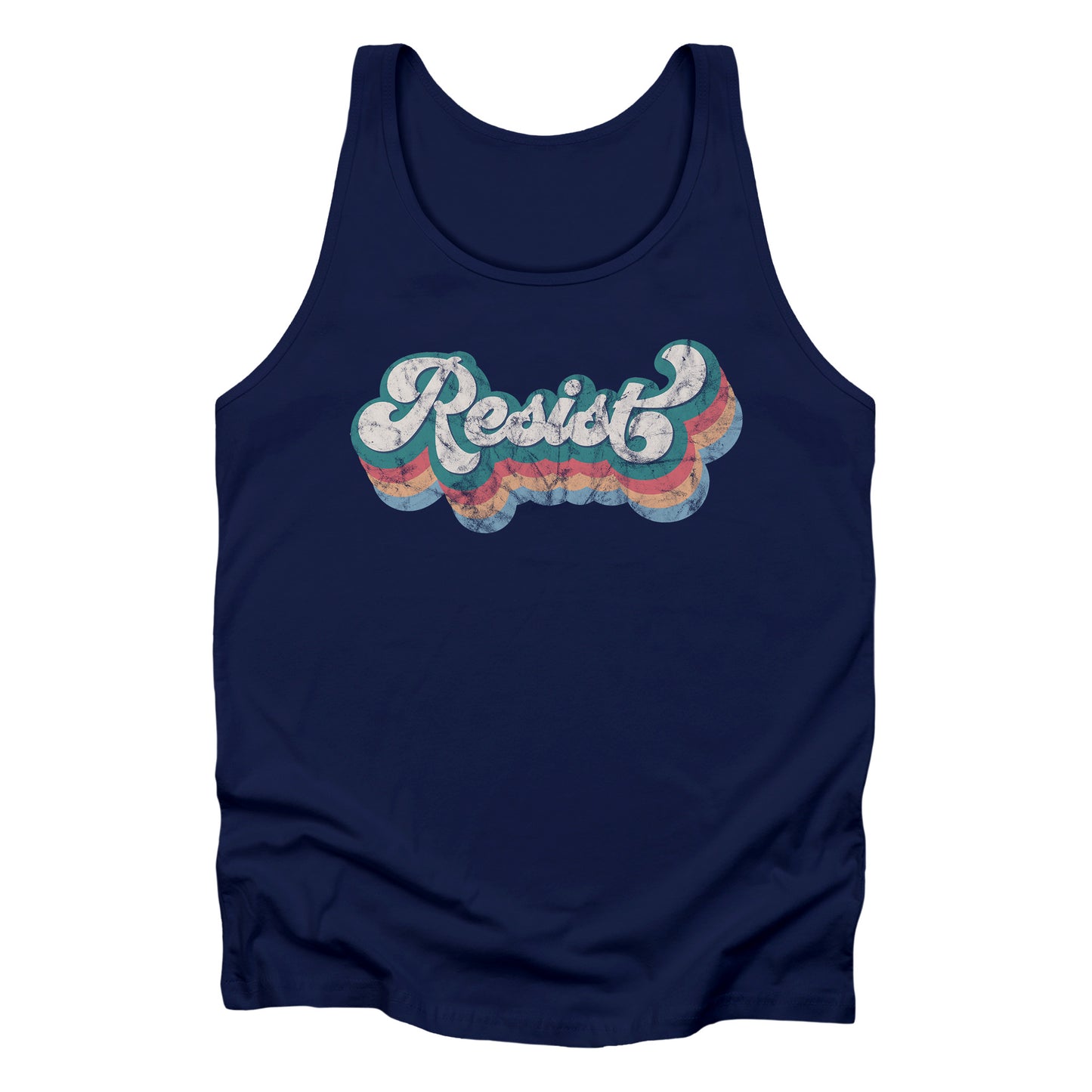 Navy Blue unisex tank top with a retro-inspired, distressed graphic that says “resist” in a script font. There are bands of colors underneath the word that follow the word’s shape in orange-red, yellow-orange, and light blue.