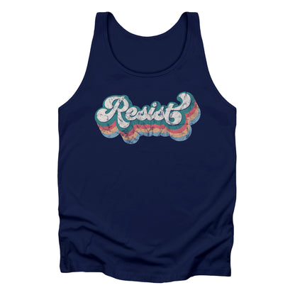 Navy Blue unisex tank top with a retro-inspired, distressed graphic that says “resist” in a script font. There are bands of colors underneath the word that follow the word’s shape in orange-red, yellow-orange, and light blue.