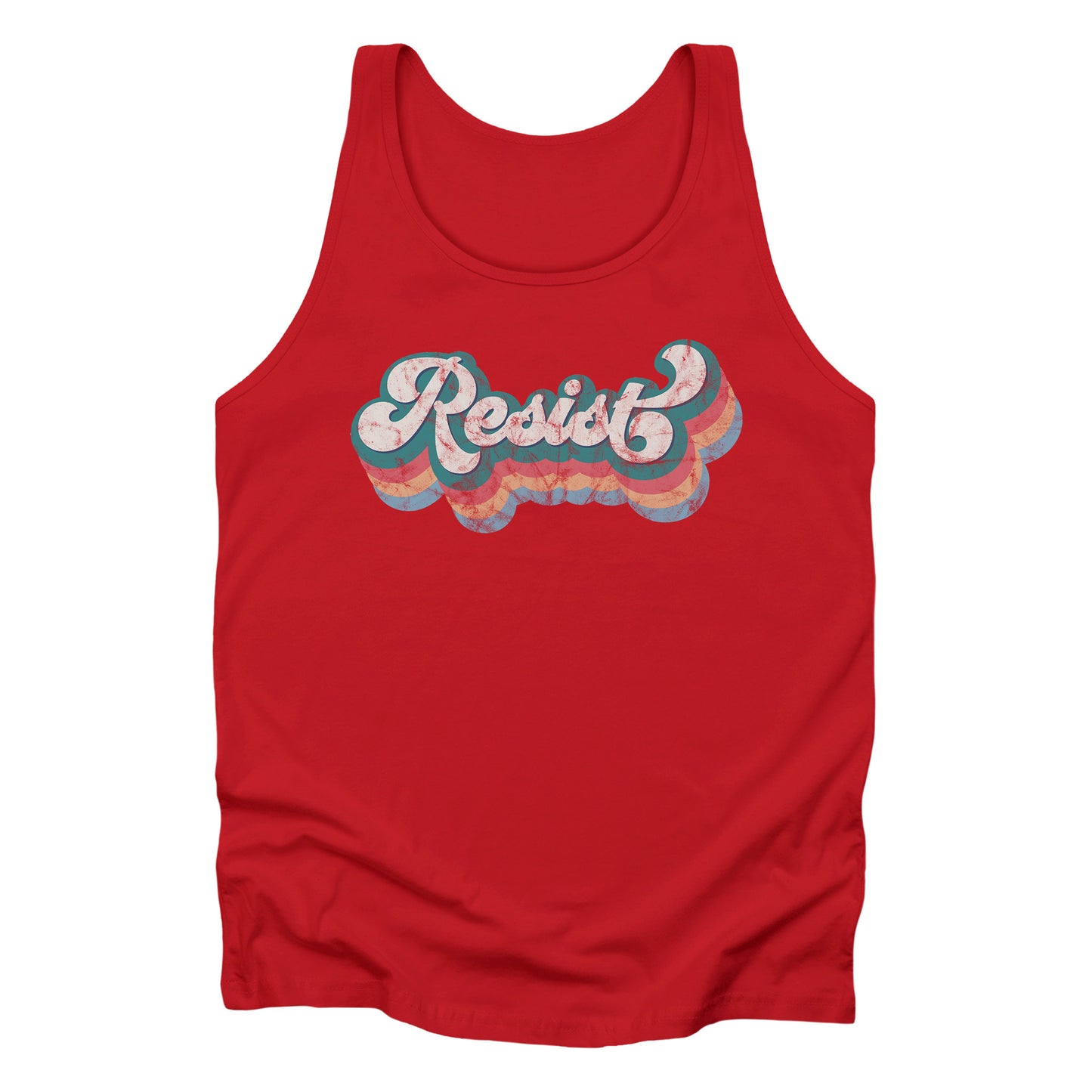 Red unisex tank top with a retro-inspired, distressed graphic that says “resist” in a script font. There are bands of colors underneath the word that follow the word’s shape in orange-red, yellow-orange, and light blue.