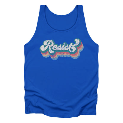 True Royal color unisex tank top with a retro-inspired, distressed graphic that says “resist” in a script font. There are bands of colors underneath the word that follow the word’s shape in orange-red, yellow-orange, and light blue.