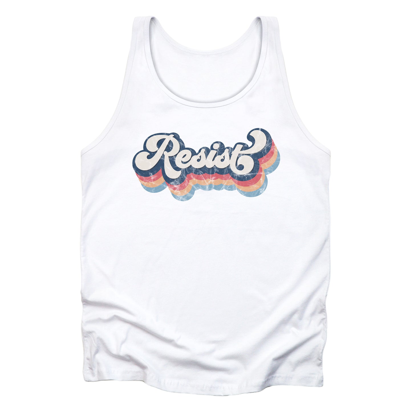 White unisex tank top with a retro-inspired, distressed graphic that says “resist” in a script font. There are bands of colors underneath the word that follow the word’s shape in orange-red, yellow-orange, and light blue.