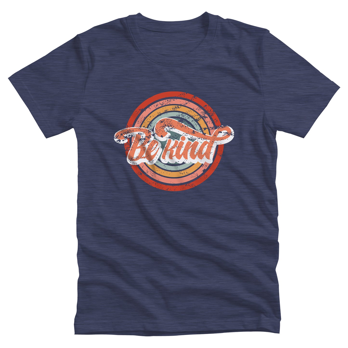 Heather Navy color unisex t-shirt with a graphic that says “Be Kind.” There is a retro-colored circular rainbow behind it. The text is outlined in white and has a long swoosh that swirls from the end of the letter “d” across the entire word “kind.”