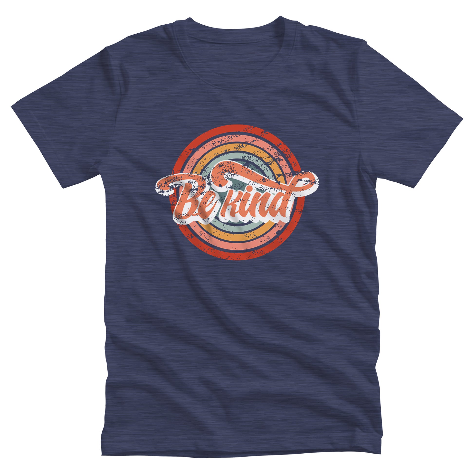 Heather Navy color unisex t-shirt with a graphic that says “Be Kind.” There is a retro-colored circular rainbow behind it. The text is outlined in white and has a long swoosh that swirls from the end of the letter “d” across the entire word “kind.”