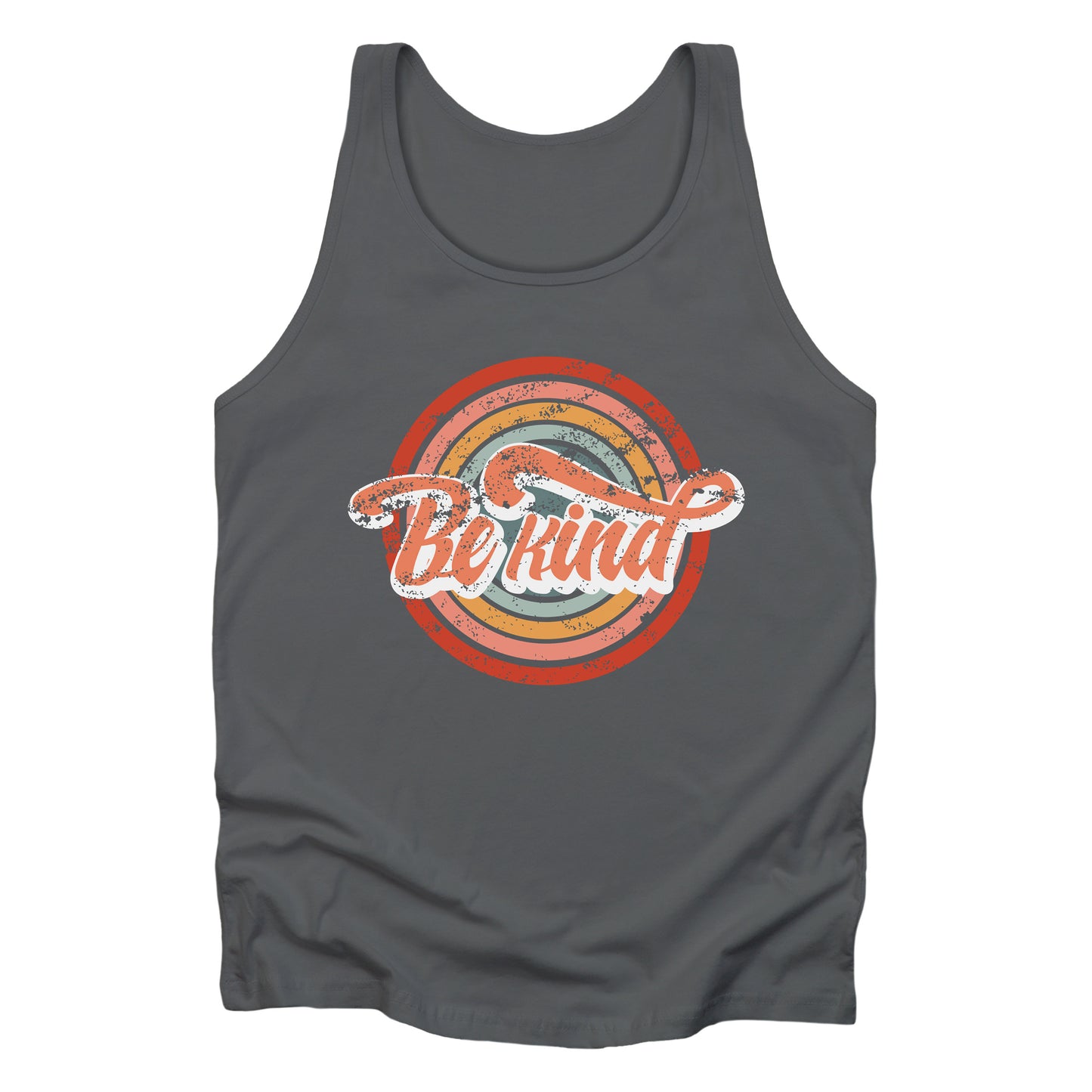 Asphalt color unisex tank top with a graphic that says “Be Kind.” There is a retro-colored circular rainbow behind it. The text is outlined in white and has a long swoosh that swirls from the end of the letter “d” across the entire word “kind.”