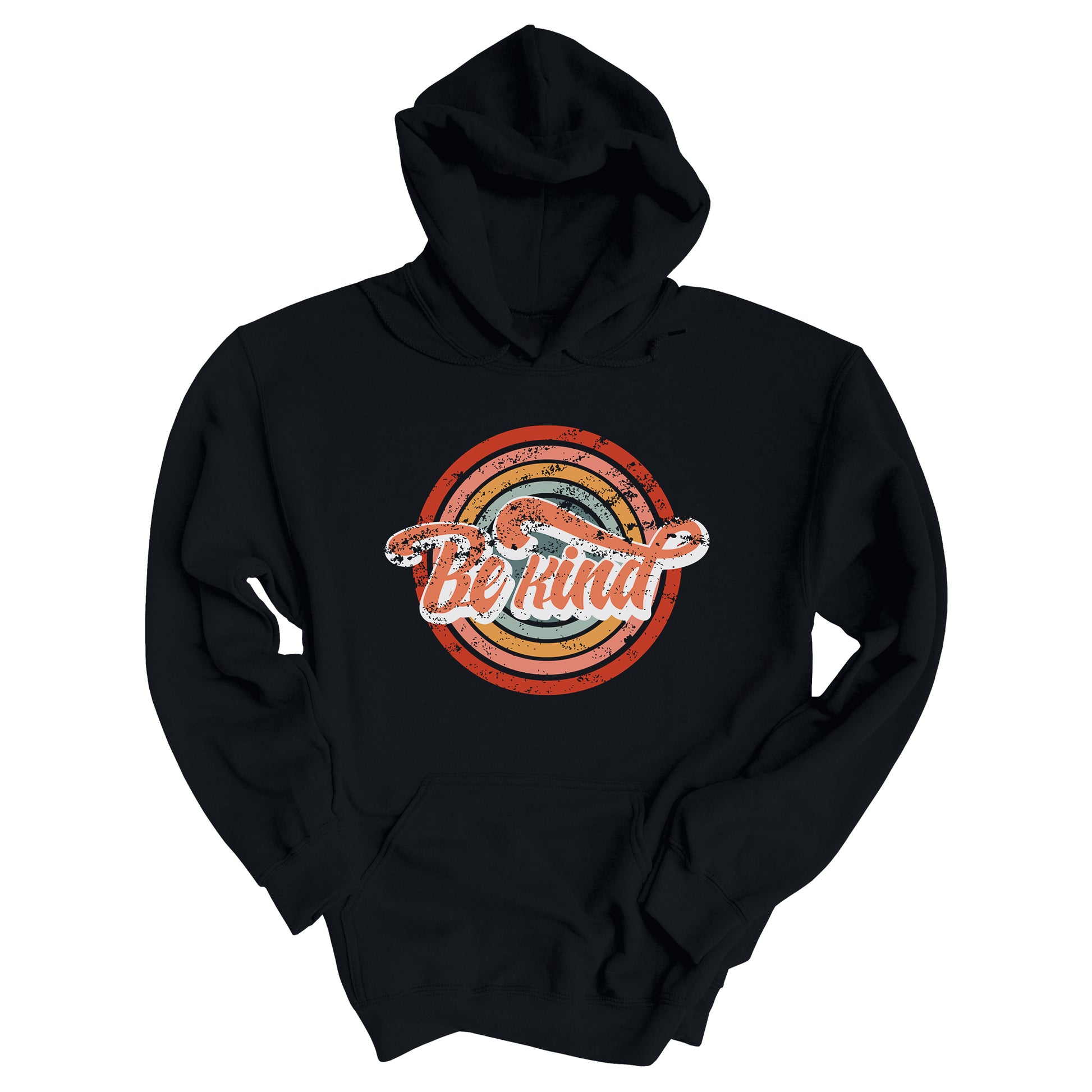 Black unisex hoodie with a graphic that says “Be Kind.” There is a retro-colored circular rainbow behind it. The text is outlined in white and has a long swoosh that swirls from the end of the letter “d” across the entire word “kind.”