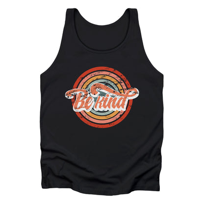 Black unisex tank top with a graphic that says “Be Kind.” There is a retro-colored circular rainbow behind it. The text is outlined in white and has a long swoosh that swirls from the end of the letter “d” across the entire word “kind.”