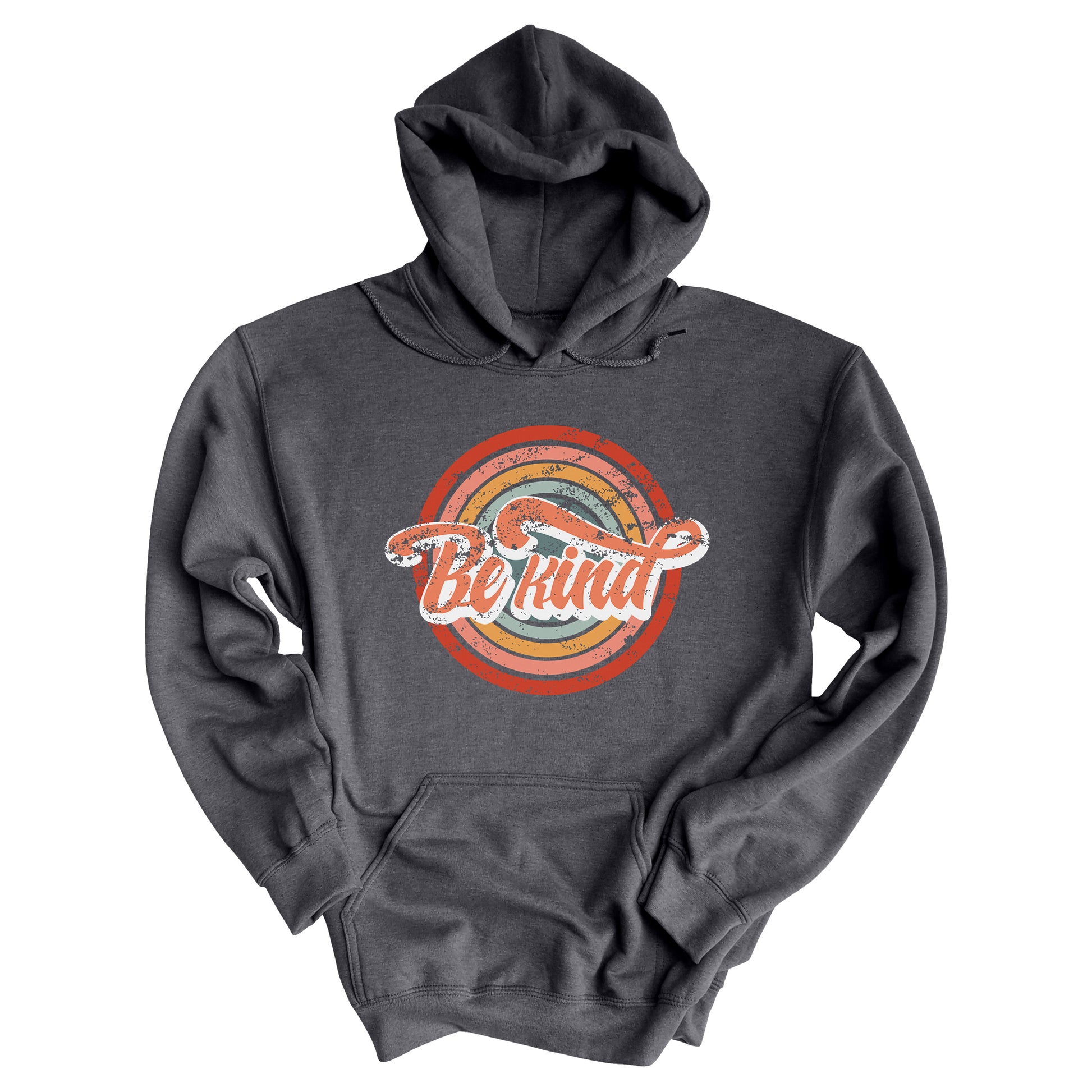 Dark Heather color unisex hoodie with a graphic that says “Be Kind.” There is a retro-colored circular rainbow behind it. The text is outlined in white and has a long swoosh that swirls from the end of the letter “d” across the entire word “kind.”