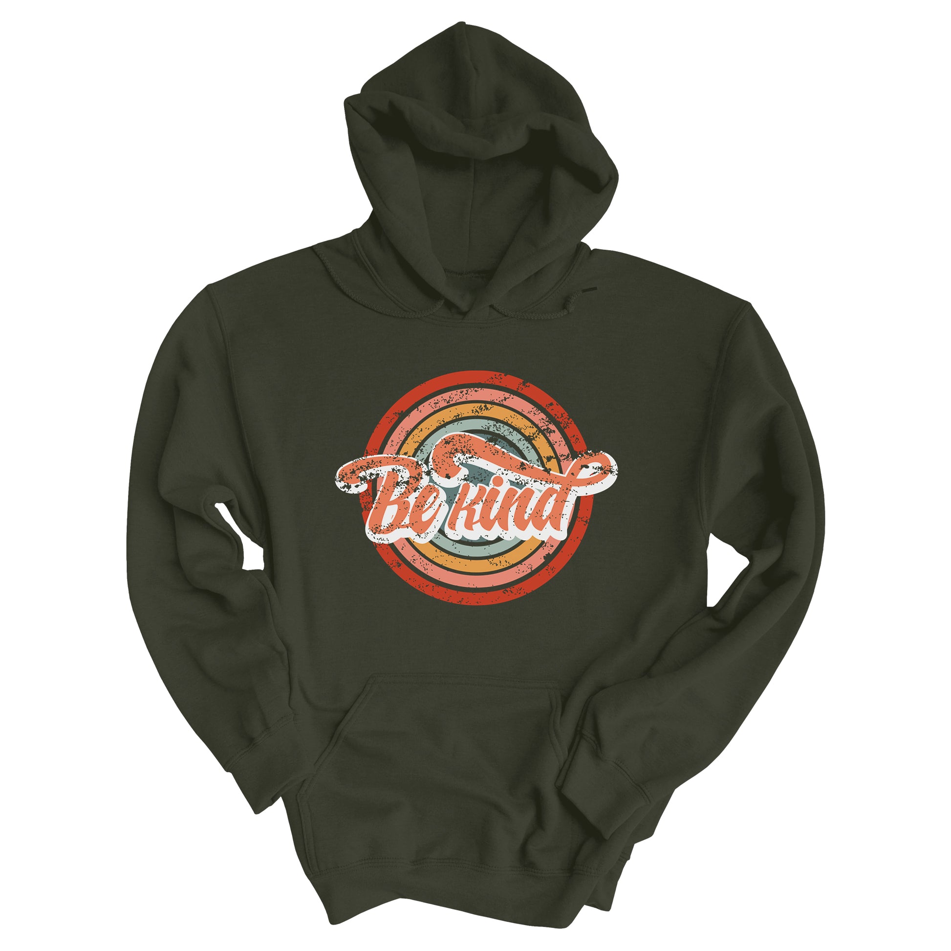 Military Green color unisex hoodie with a graphic that says “Be Kind.” There is a retro-colored circular rainbow behind it. The text is outlined in white and has a long swoosh that swirls from the end of the letter “d” across the entire word “kind.”