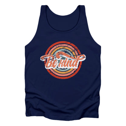 Navy Blue unisex tank top with a graphic that says “Be Kind.” There is a retro-colored circular rainbow behind it. The text is outlined in white and has a long swoosh that swirls from the end of the letter “d” across the entire word “kind.”