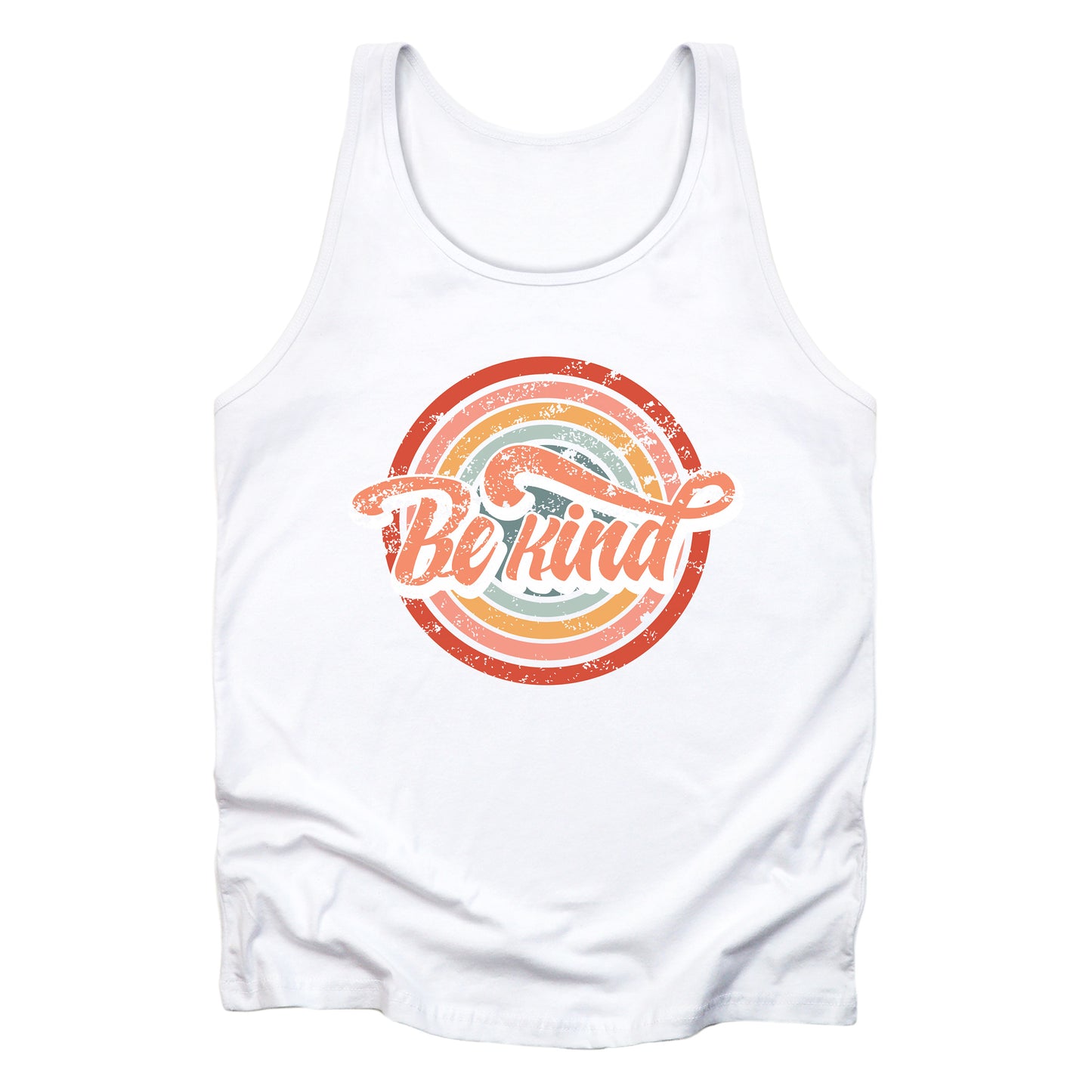 White unisex tank top with a graphic that says “Be Kind.” There is a retro-colored circular rainbow behind it. The text is outlined in white and has a long swoosh that swirls from the end of the letter “d” across the entire word “kind.”