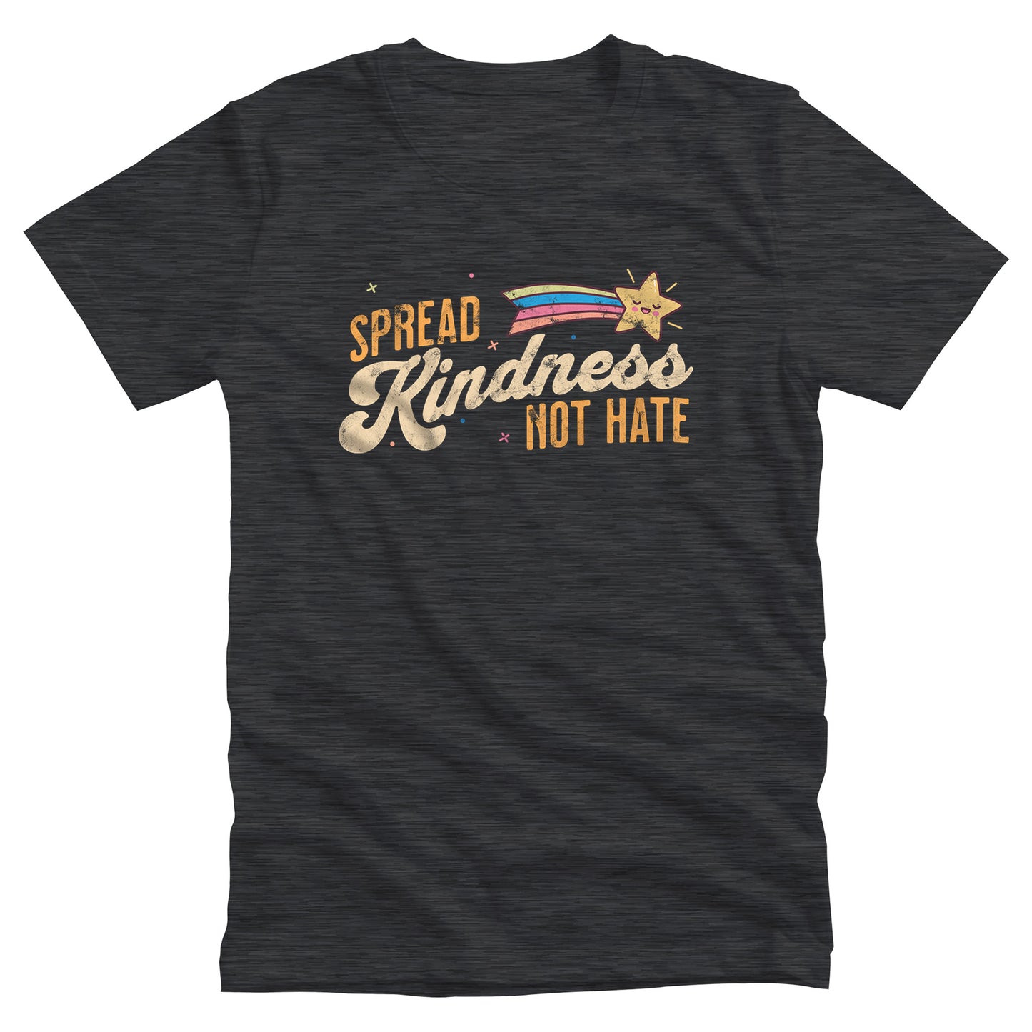 Dark Grey Heather color unisex t-shirt with a graphic that says “Spread Kindness Not Hate” with an illustration of a rainbow shooting star over the word “kindness.” That word is in a script font, and the rest is a regular font in all caps. ”Spread” is on top of the word “Kindness” and aligned left, while “Not Hate” is below the word “kindness” and aligned to the right.