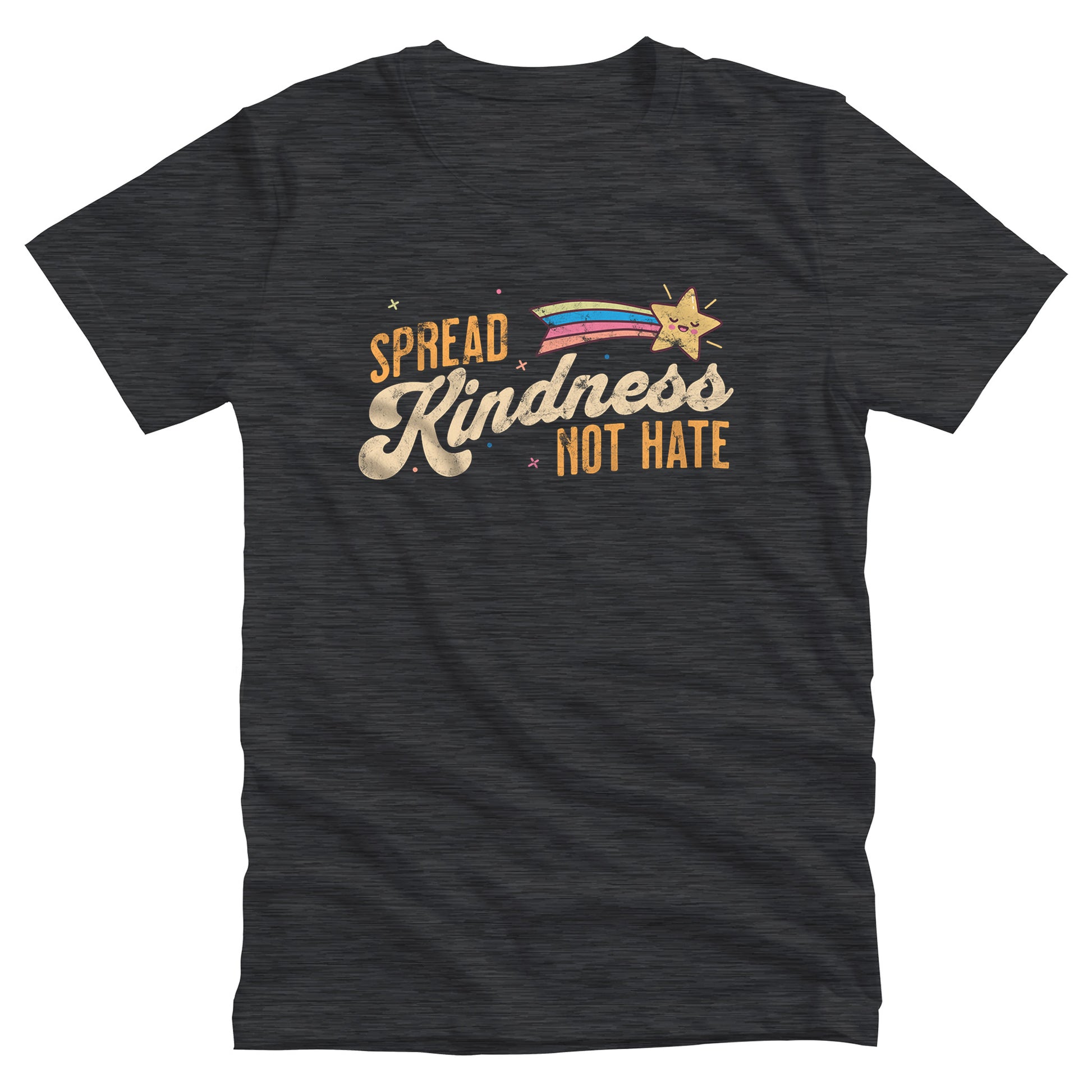 Dark Grey Heather color unisex t-shirt with a graphic that says “Spread Kindness Not Hate” with an illustration of a rainbow shooting star over the word “kindness.” That word is in a script font, and the rest is a regular font in all caps. ”Spread” is on top of the word “Kindness” and aligned left, while “Not Hate” is below the word “kindness” and aligned to the right.