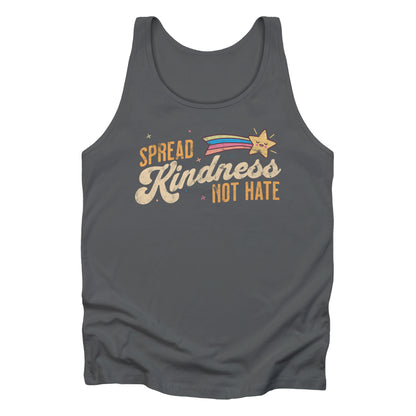 Asphalt color unisex tank top with a graphic that says “Spread Kindness Not Hate” with an illustration of a rainbow shooting star over the word “kindness.” That word is in a script font, and the rest is a regular font in all caps. ”Spread” is on top of the word “Kindness” and aligned left, while “Not Hate” is below the word “kindness” and aligned to the right.