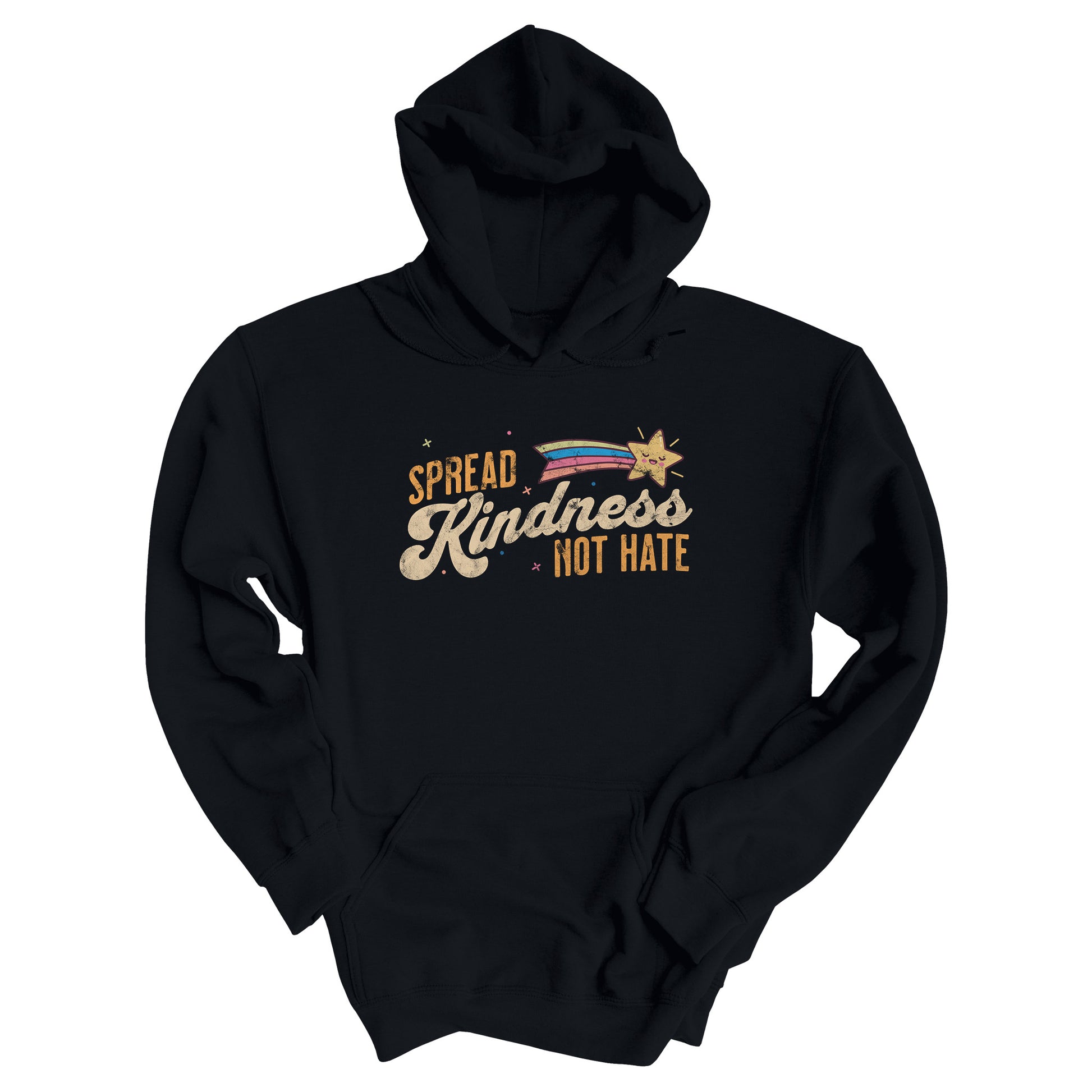 Black unisex hoodie with a graphic that says “Spread Kindness Not Hate” with an illustration of a rainbow shooting star over the word “kindness.” That word is in a script font, and the rest is a regular font in all caps. ”Spread” is on top of the word “Kindness” and aligned left, while “Not Hate” is below the word “kindness” and aligned to the right.