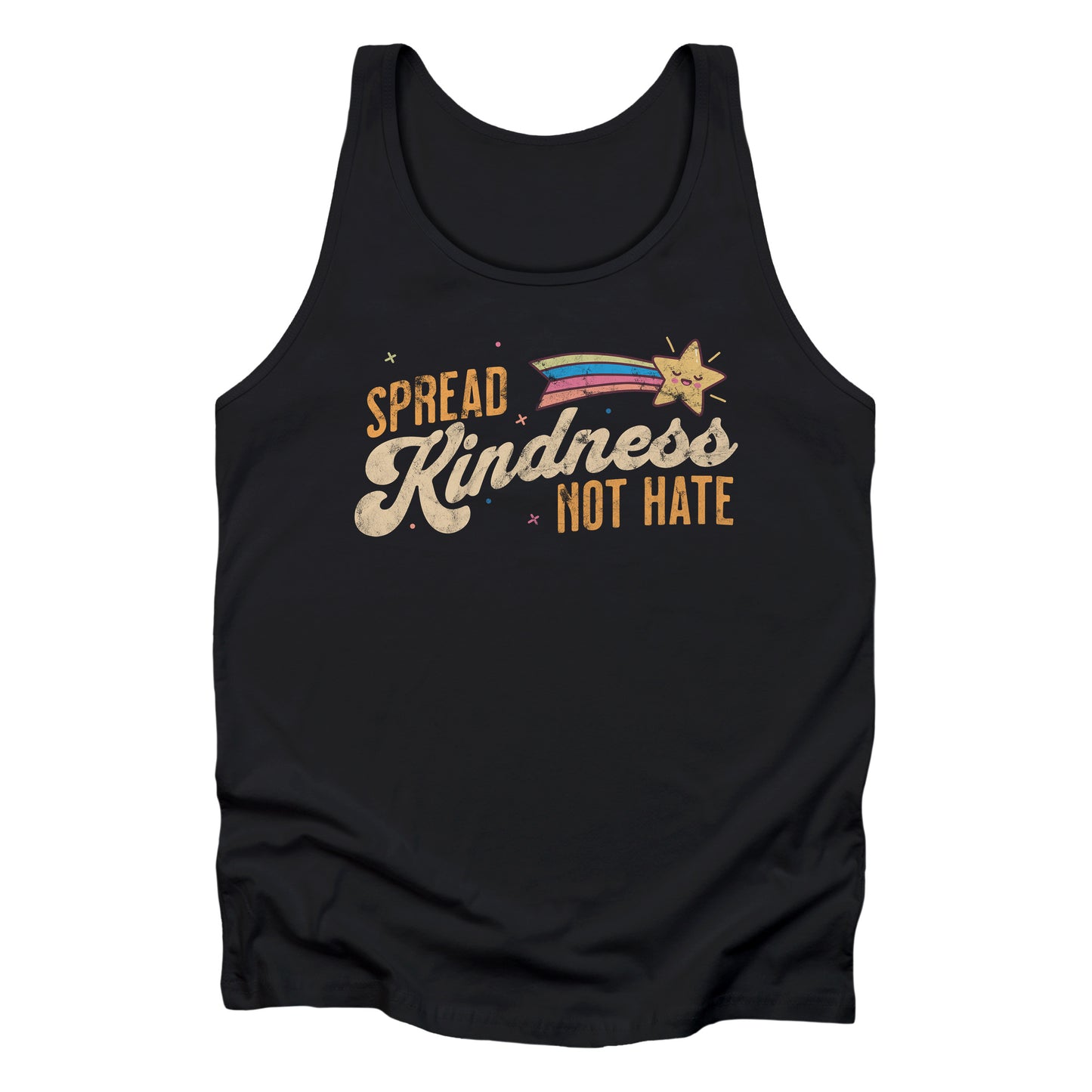 Black unisex tank top with a graphic that says “Spread Kindness Not Hate” with an illustration of a rainbow shooting star over the word “kindness.” That word is in a script font, and the rest is a regular font in all caps. ”Spread” is on top of the word “Kindness” and aligned left, while “Not Hate” is below the word “kindness” and aligned to the right.