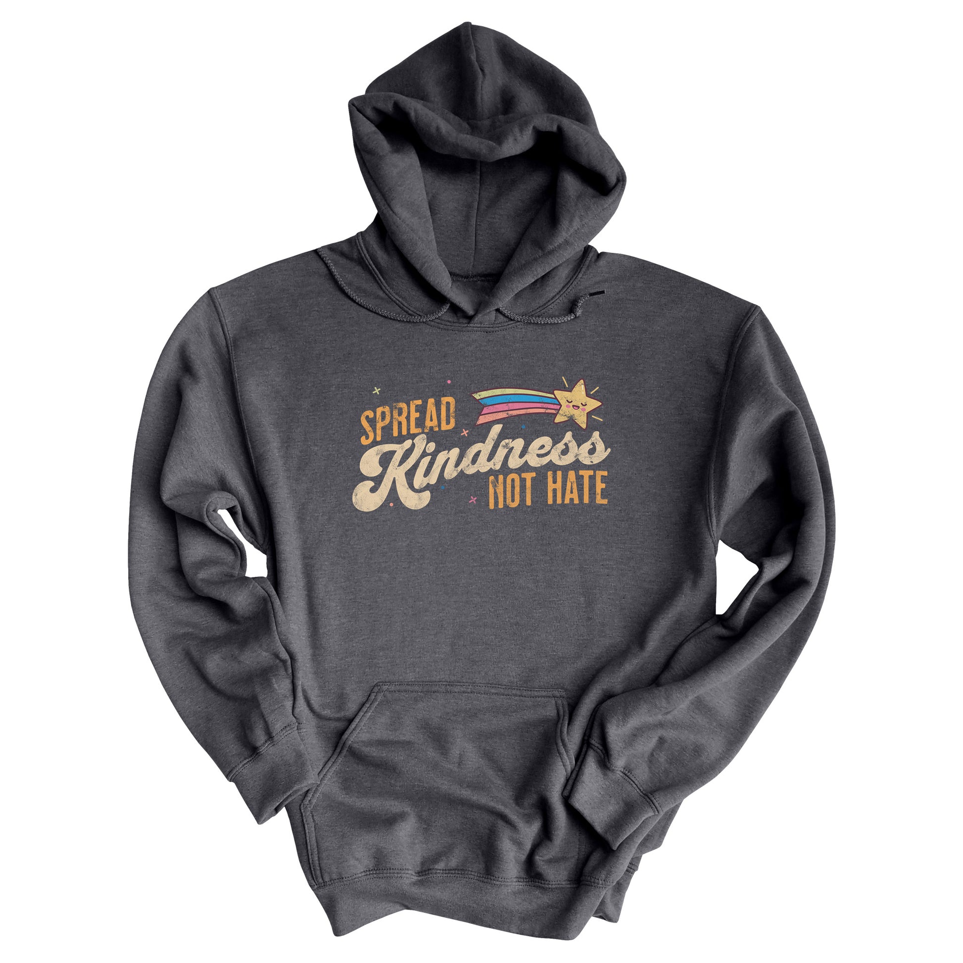 Dark Heather color unisex hoodie with a graphic that says “Spread Kindness Not Hate” with an illustration of a rainbow shooting star over the word “kindness.” That word is in a script font, and the rest is a regular font in all caps. ”Spread” is on top of the word “Kindness” and aligned left, while “Not Hate” is below the word “kindness” and aligned to the right.