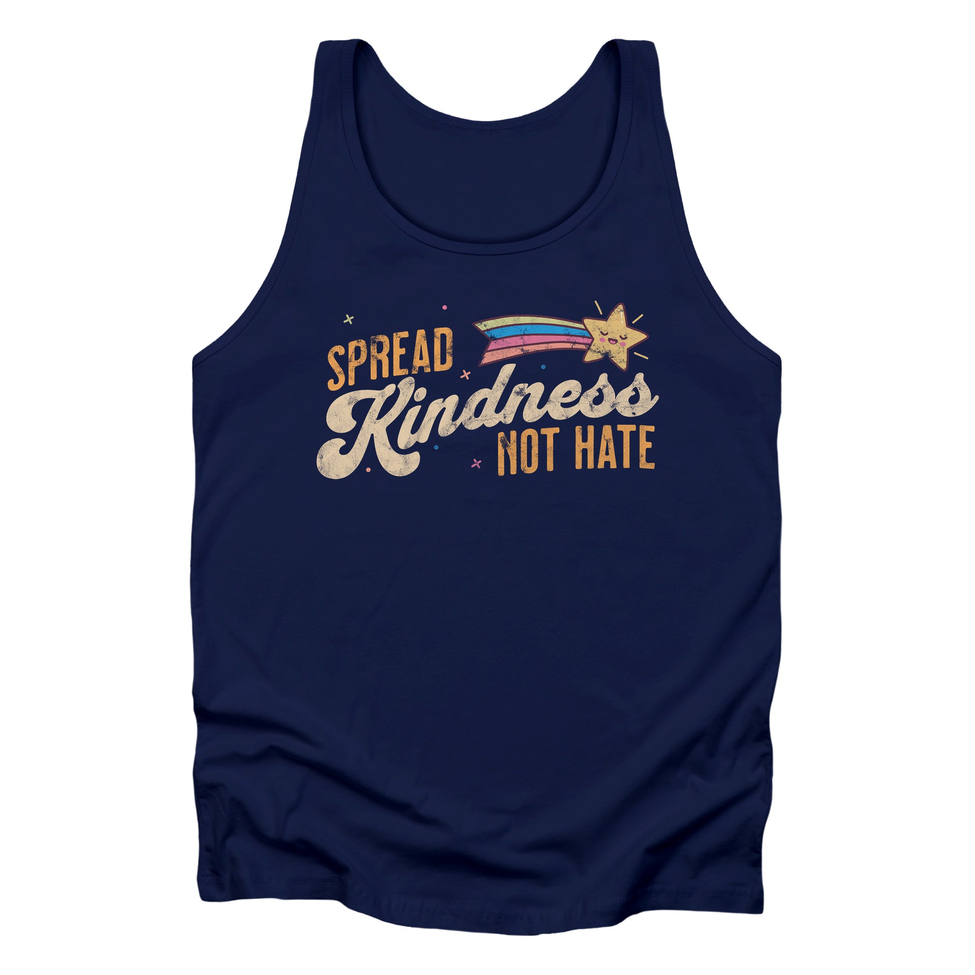 Navy Blue unisex tank top with a graphic that says “Spread Kindness Not Hate” with an illustration of a rainbow shooting star over the word “kindness.” That word is in a script font, and the rest is a regular font in all caps. ”Spread” is on top of the word “Kindness” and aligned left, while “Not Hate” is below the word “kindness” and aligned to the right.