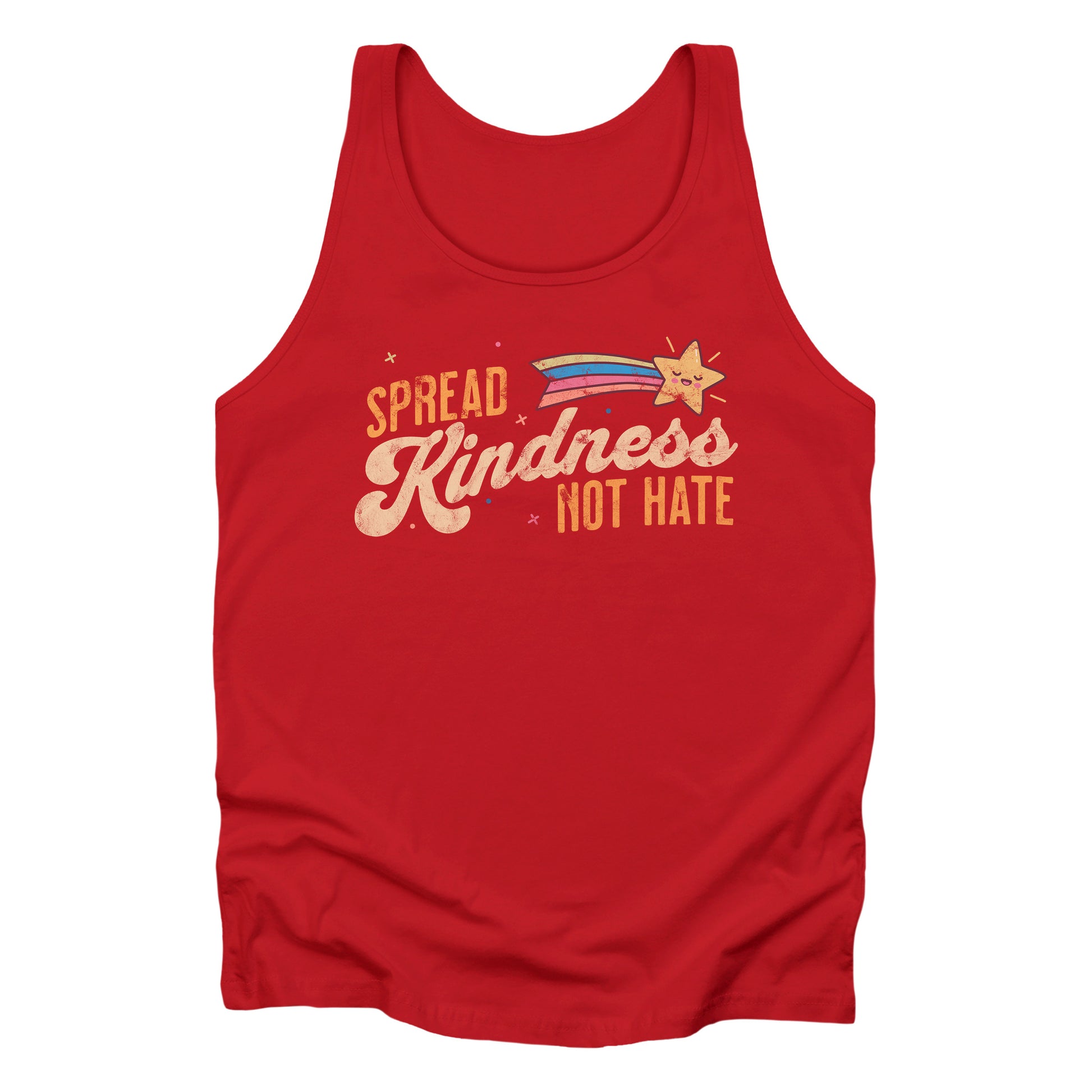 Red unisex tank top with a graphic that says “Spread Kindness Not Hate” with an illustration of a rainbow shooting star over the word “kindness.” That word is in a script font, and the rest is a regular font in all caps. ”Spread” is on top of the word “Kindness” and aligned left, while “Not Hate” is below the word “kindness” and aligned to the right.