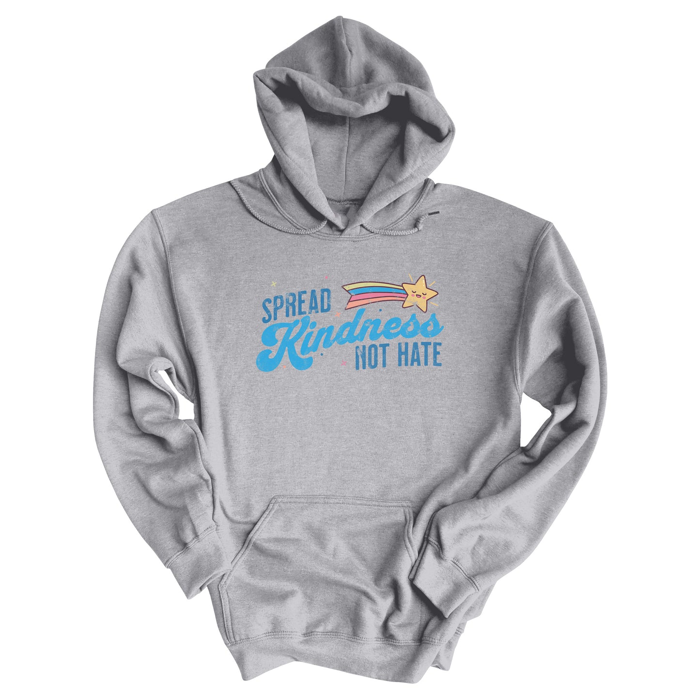 Sport Grey color unisex hoodie with a graphic that says “Spread Kindness Not Hate” with an illustration of a rainbow shooting star over the word “kindness.” That word is in a script font, and the rest is a regular font in all caps. ”Spread” is on top of the word “Kindness” and aligned left, while “Not Hate” is below the word “kindness” and aligned to the right.