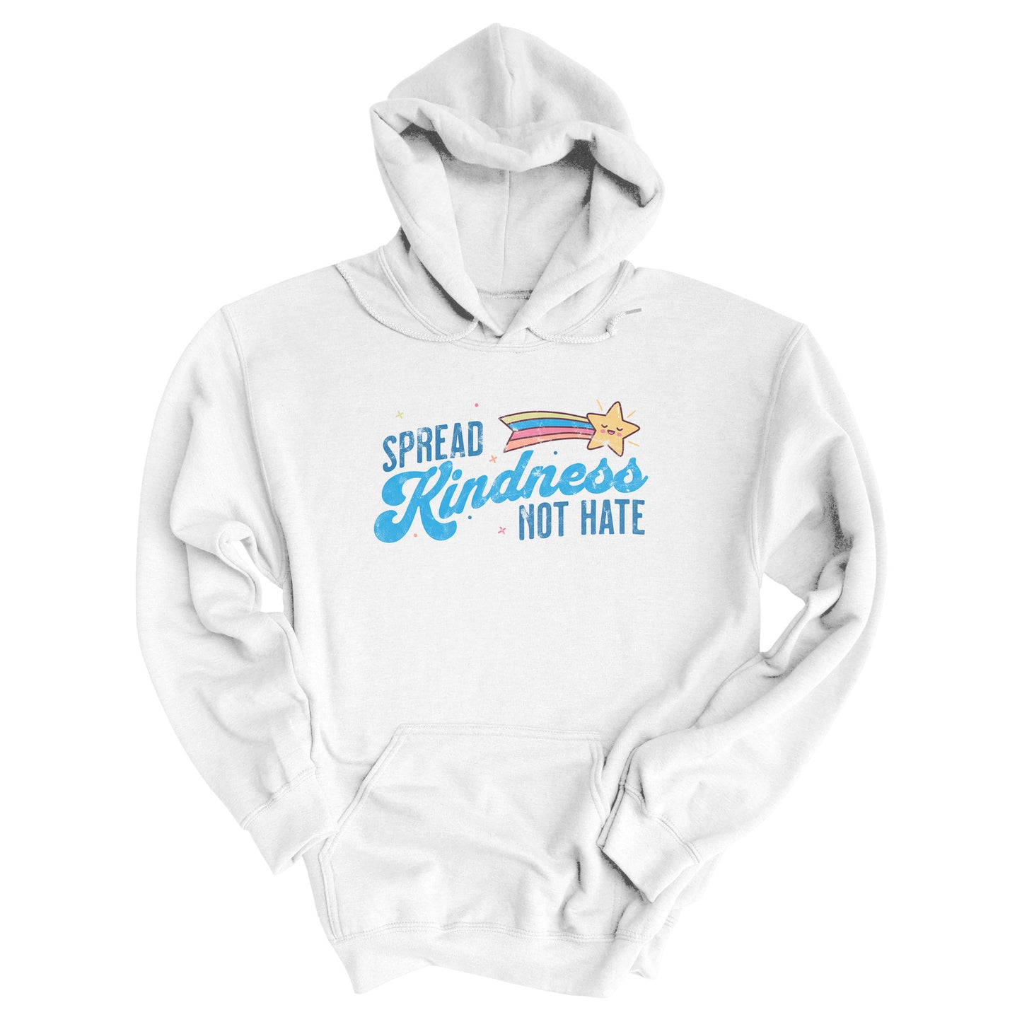 White unisex hoodie with a graphic that says “Spread Kindness Not Hate” with an illustration of a rainbow shooting star over the word “kindness.” That word is in a script font, and the rest is a regular font in all caps. ”Spread” is on top of the word “Kindness” and aligned left, while “Not Hate” is below the word “kindness” and aligned to the right.