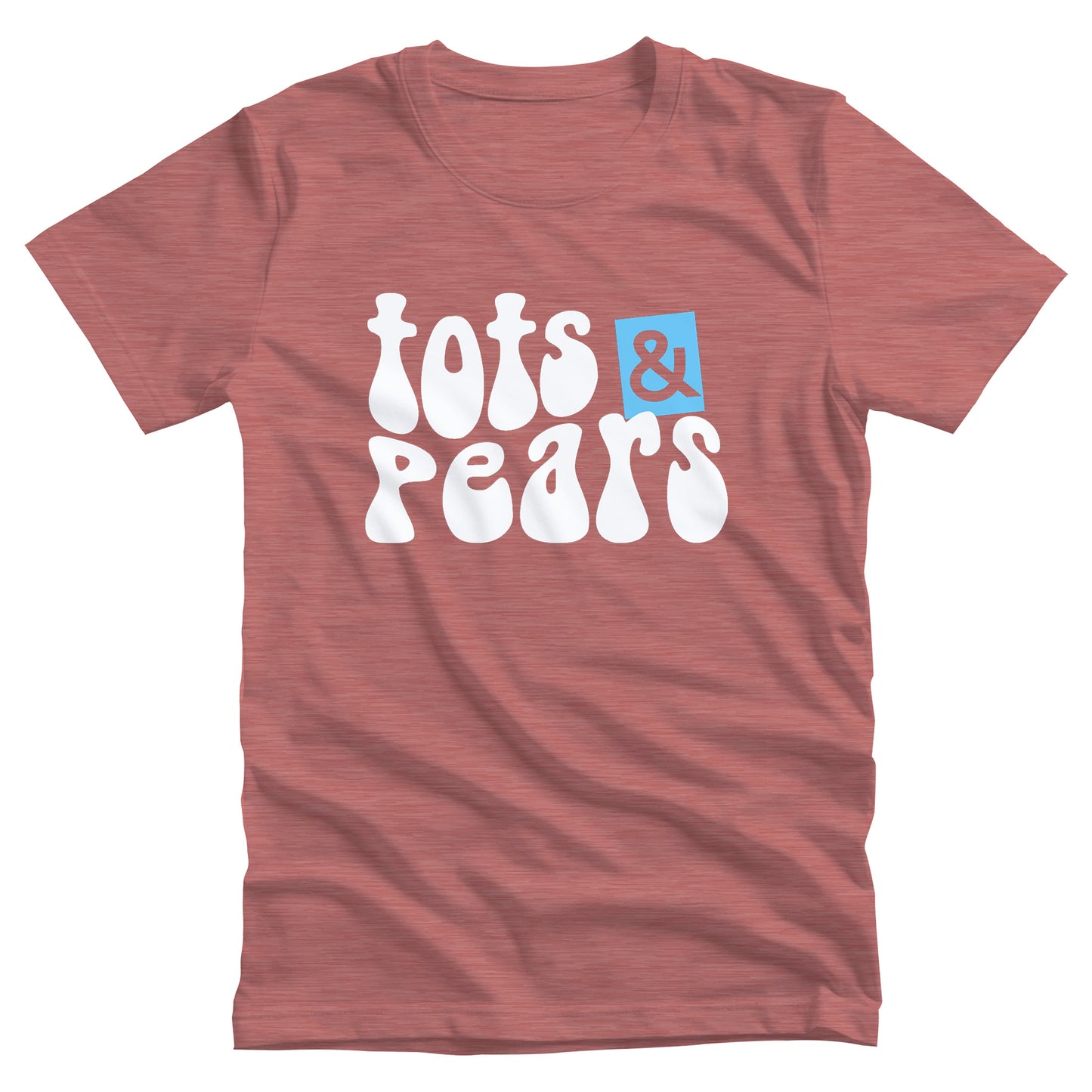 Heather Mauve color unisex t-shirt that says, “tots & pears” in a retro font in a mild wave form. The ampersand is cut out from a blue box that is slightly askew.