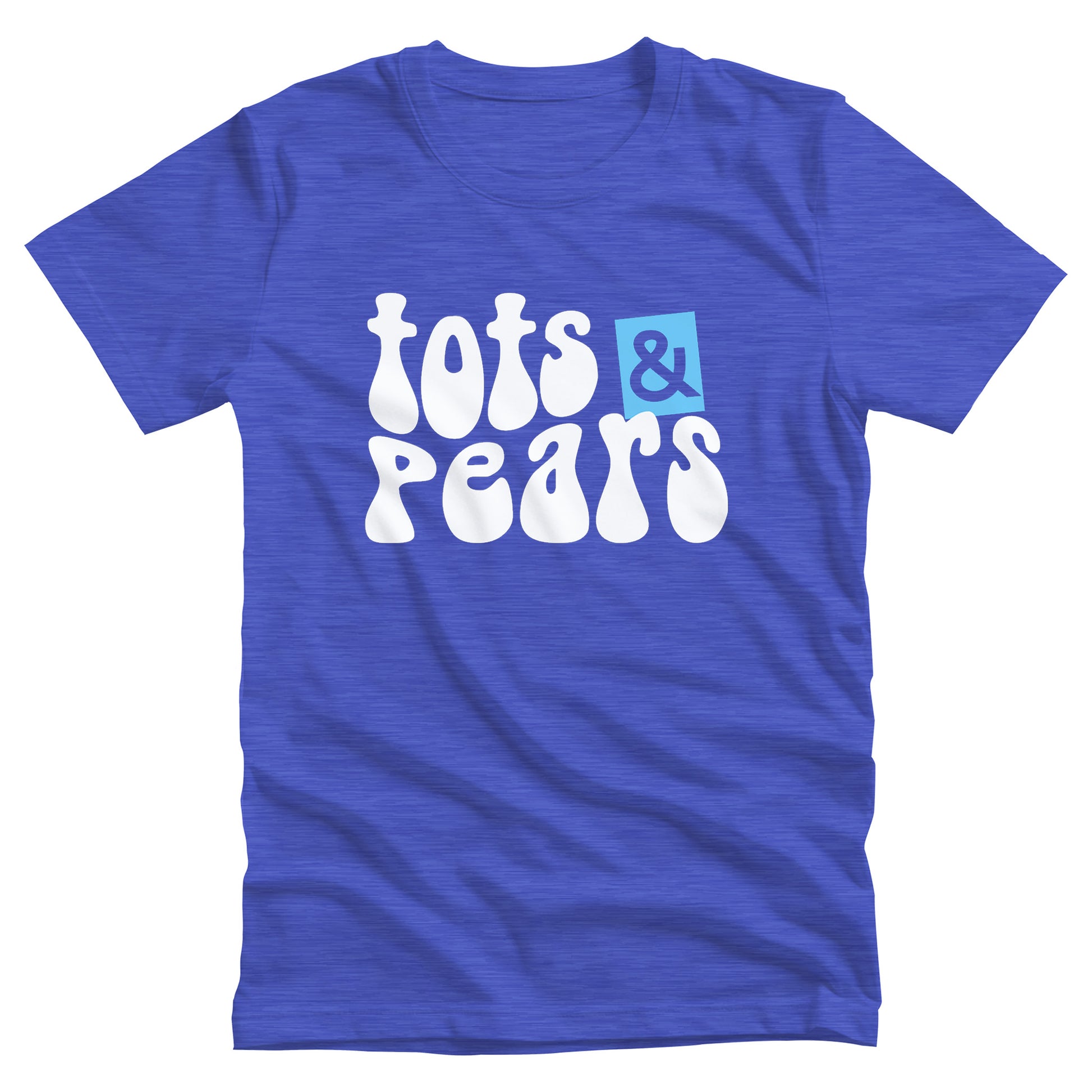 Heather True Royal color unisex t-shirt that says, “tots & pears” in a retro font in a mild wave form. The ampersand is cut out from a blue box that is slightly askew.