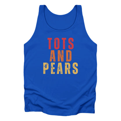 True Royal color unisex tank top that says “Tots and Pears” in all caps centered across the chest. Each word is on a different line. “Tots” is red, “And” is orange, and “Pears” is yellow.